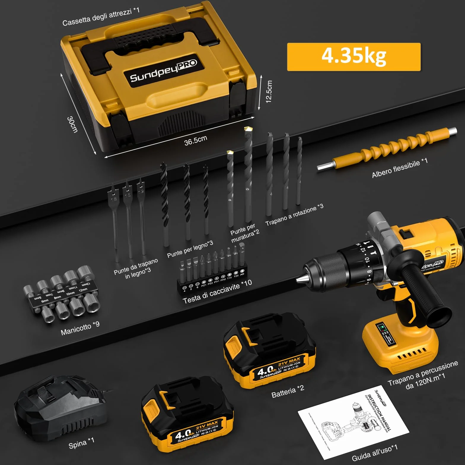 Trapano Percussione Batteria Brushless 21V - SundpeyPRO 120Nm Trapano Avvitatore a Batteria con 2 Batterie 4Ah, 20+3 Coppie, 13mm Mandrino, 2 Velocità, 35 PZ Accessori, per Casa Riparazione, Fai da te