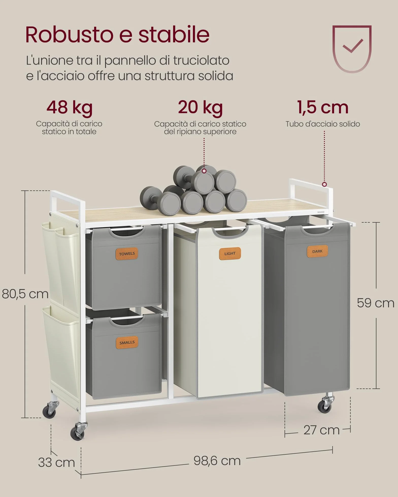 VASAGLE Cesto Portabiancheria 4 Scomparti, Porta Biancheria 150 L, Carrello per Biancheria con Piano, Sacchi, Tasche Laterali, 6 Etichette, Beige Naturale, Grigio Tortora e Bianco Crema BLH203G01