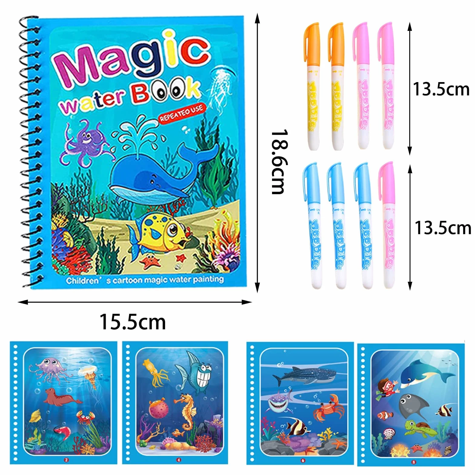 Magic Water Coloring Book 8 Pezzi Libri ad Acqua Bambini Drawing Libro da Colorare Doodle con Penna Magica Riutilizzabile Educativo