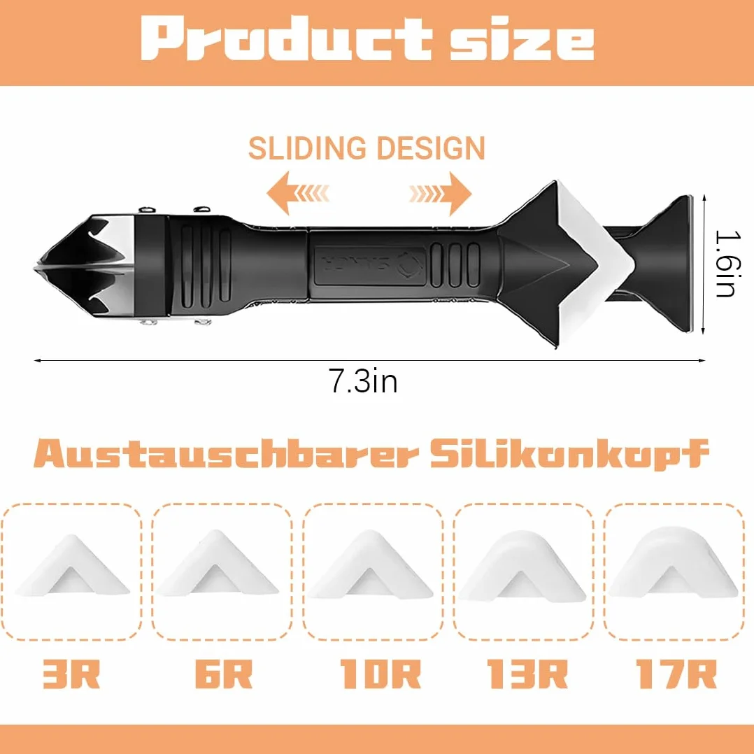 1 Raschietto Silicone Professionale 5 in 1 con 4 Testine, Kit Strumento per Calafataggio e Rimozione, Ideale per Piastrelle, Vetro, Piani di Lavoro in Cucina e Bagno