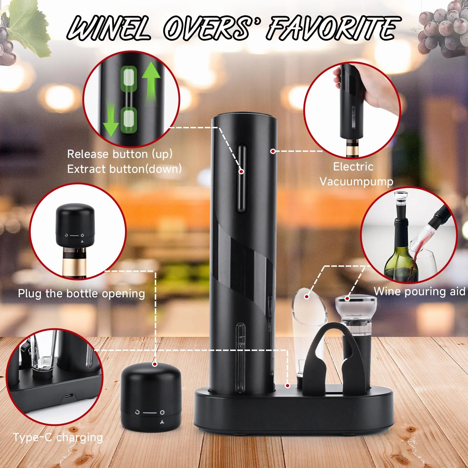 UCAMP 7 in 1 Elettrico Cavatappi Apribottiglie per Vino Professionale Set Regalo Uomo con Apriscatole Elettrico, Tagliafogli, Tappi Sottovuoto, Beccuccio per Versare, Sigillatura, Base di Ricarica