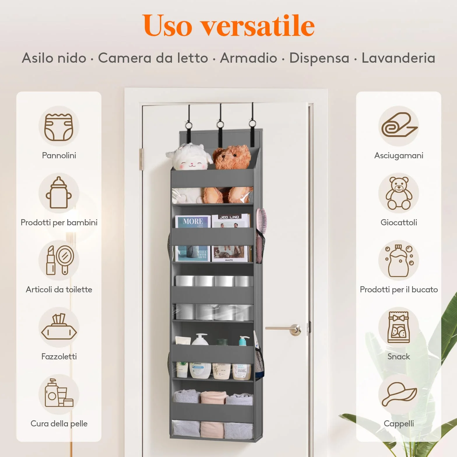 Lifewit Portaoggetti da Appendere 4 Tasche Laterali 2 Ganci Capacità 18 kg 5 Ripiani Grigio
