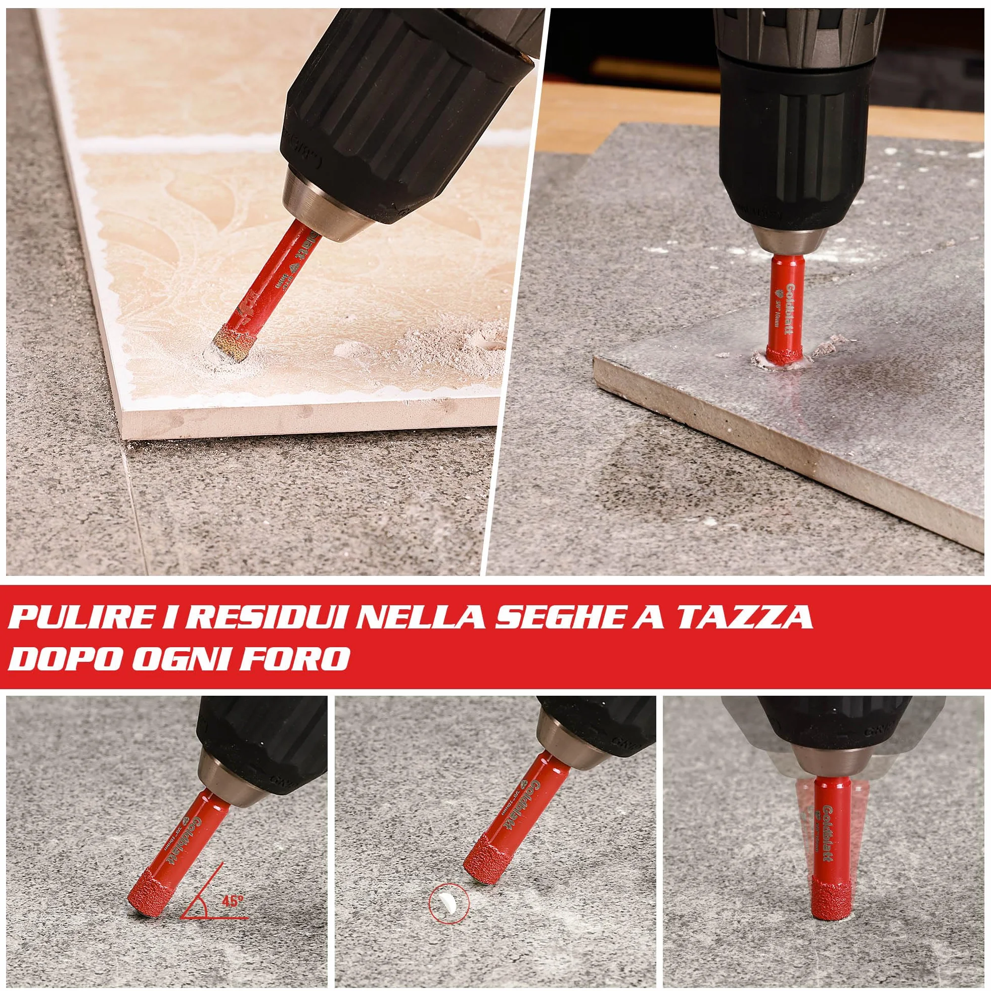 Goldblatt Set Punte Diamantate Per Piastrelle 5 Pezzi Con 6/8/10/20 mm Per Forature Precise Su Ceramica Marmo Granito Gres Porcellanato