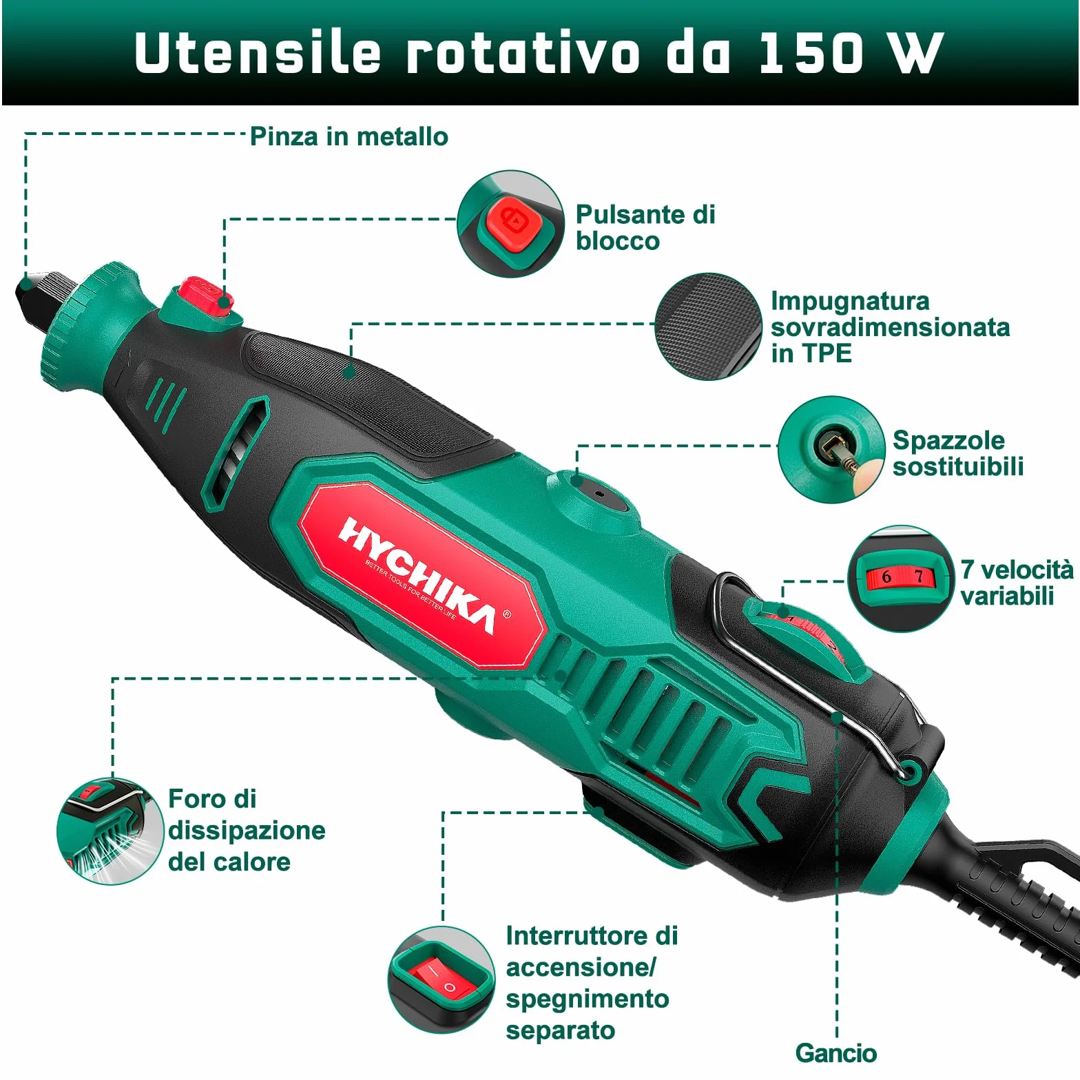HYCHIKA Utensile Rotante 150W 7 Velocità 10000-33000 giri/min 167 Accessori