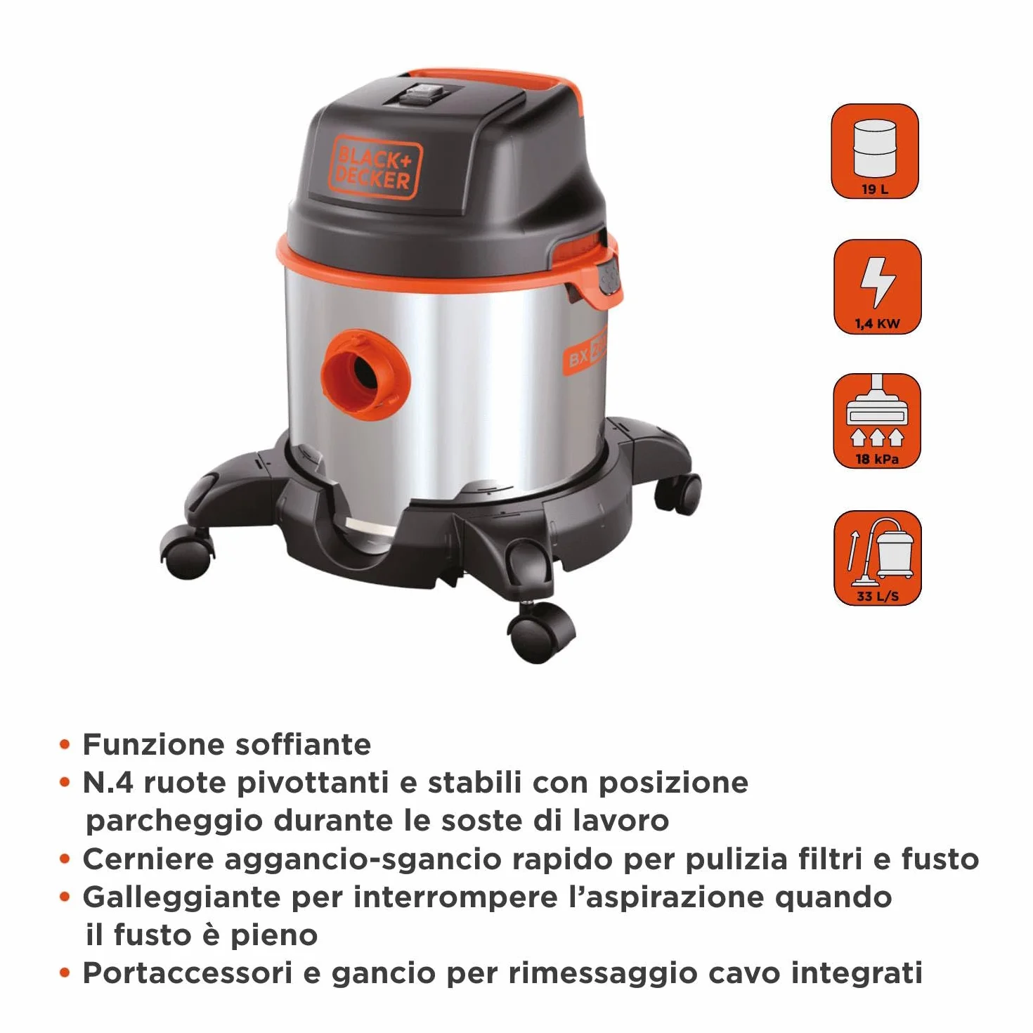 BLACK+DECKER Aspiratore Solidi e Liquidi BXVC20XE 1400 W 20 l