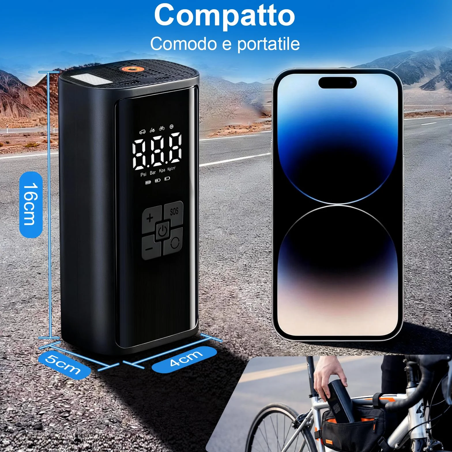 Compressore Aria Portatile, Compressore Portatile Bici, 150 PSI (10,3 Bar), Compressore Portatile Moto, Gonfiatore Elettrico con Automatico, LED, per Bicicletta, Auto, Moto, monopattino, Palloni