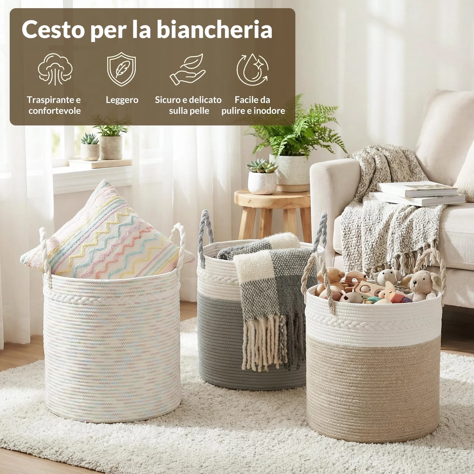 COSYLAND Cesto portabiancheria in cotone naturale - Pieghevole con manici portabiancheria sporca, Cesta portabiancheria per bagno, camera da letto e cameretta - 40x40x40cm (Grigio-bianco)