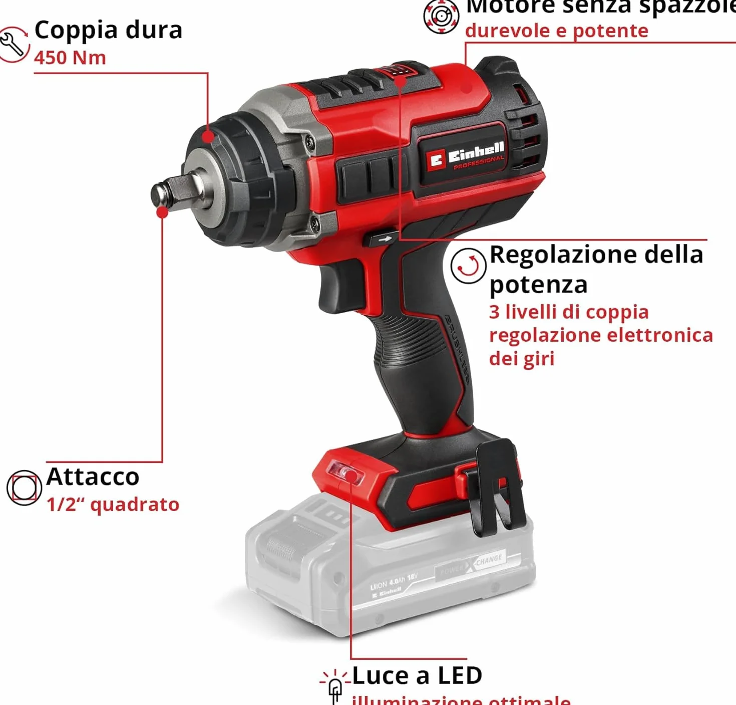 Einhell Professional Avvitatore a percussione a batteria IMPAXXO 18/450 Power X-Change 18 V 450 nm Brushless attacco 1/2" set di bussole
