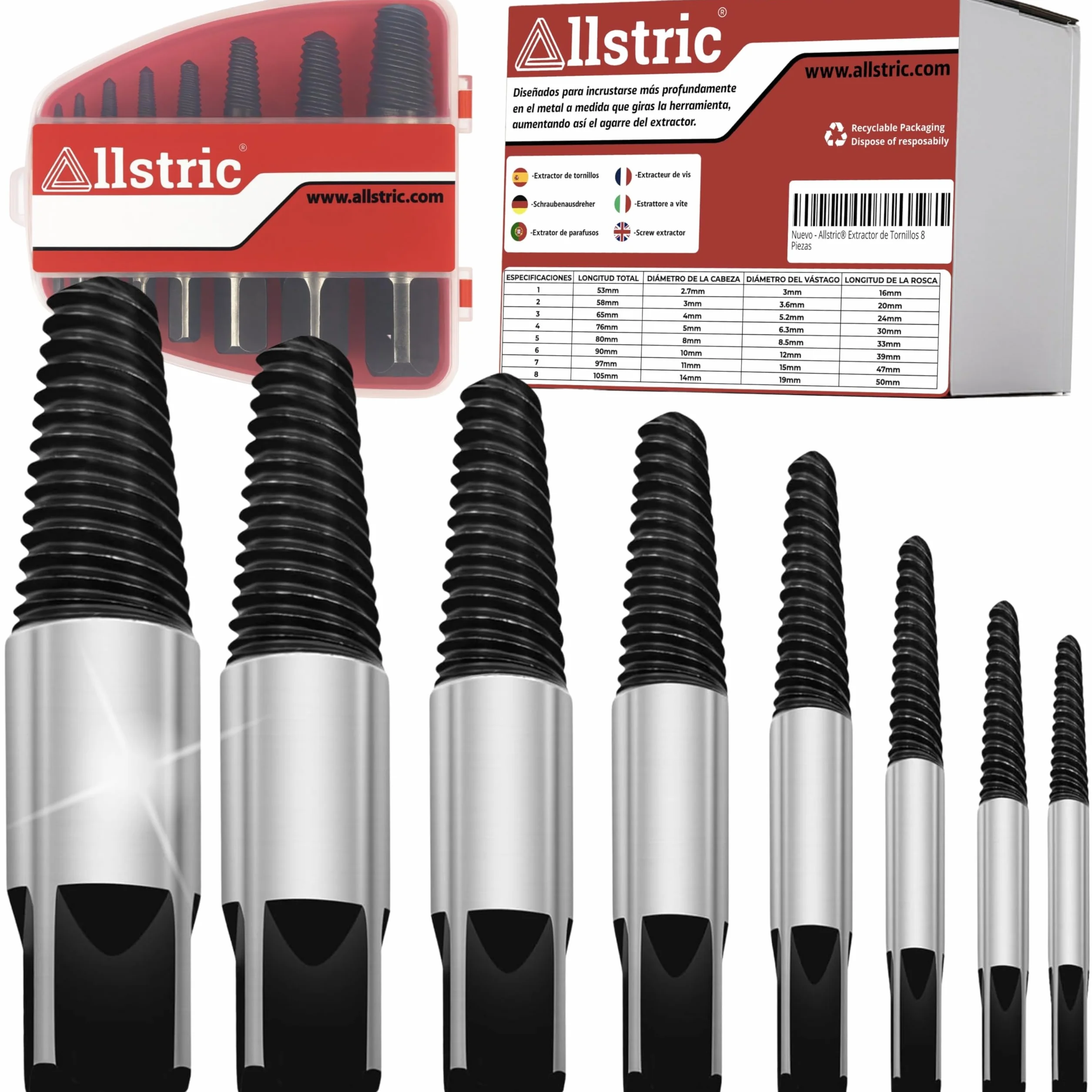 Set di 8 estrattori per viti rotte e danneggiate, estrattore di viti rotte e arrugginite, estrattore di filettature idrauliche e tubi rotti, kit professionale in acciaio temperato con