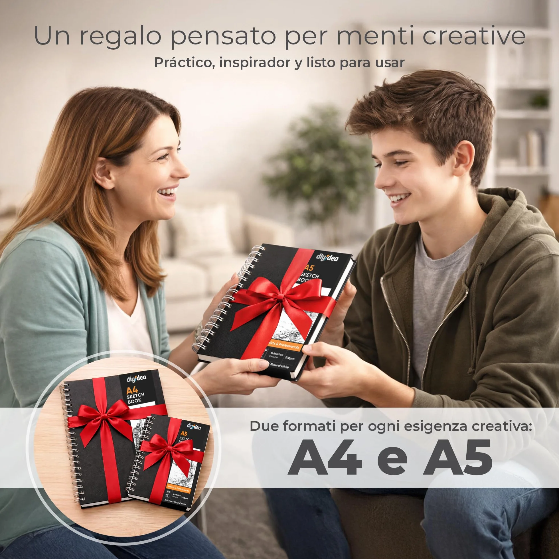 DIYIDEA Album da Disegno A4 200 g/m² – 100 Pagine, Spirale con Copertina Rigida – Blocco Disegno per Matita, Carboncino, Grafite e Pastello