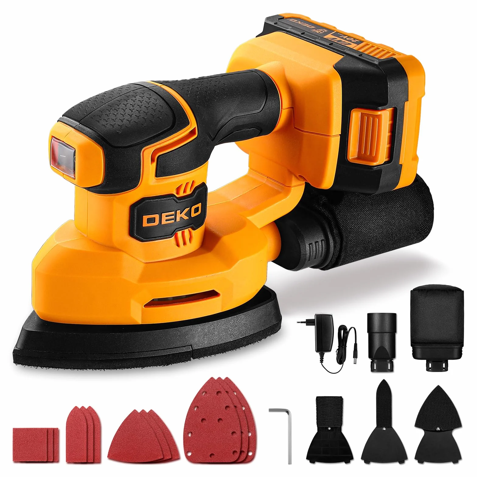 DEKOPRO 20V Levigatrice Mouse Multifunzione Palmare 13000 RPM, 3 Accessori, 12 Carte Vetrata