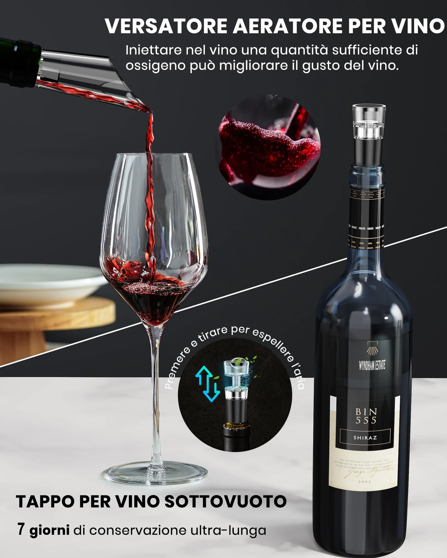 Cavatappi elettrico ricaricabile inox per vino, apribottiglie elettrico idee regalo uomo donna compleanno con aeratore vino, 2 tappi sottovuoto, taglierina per fogli di alluminio e cavo USB