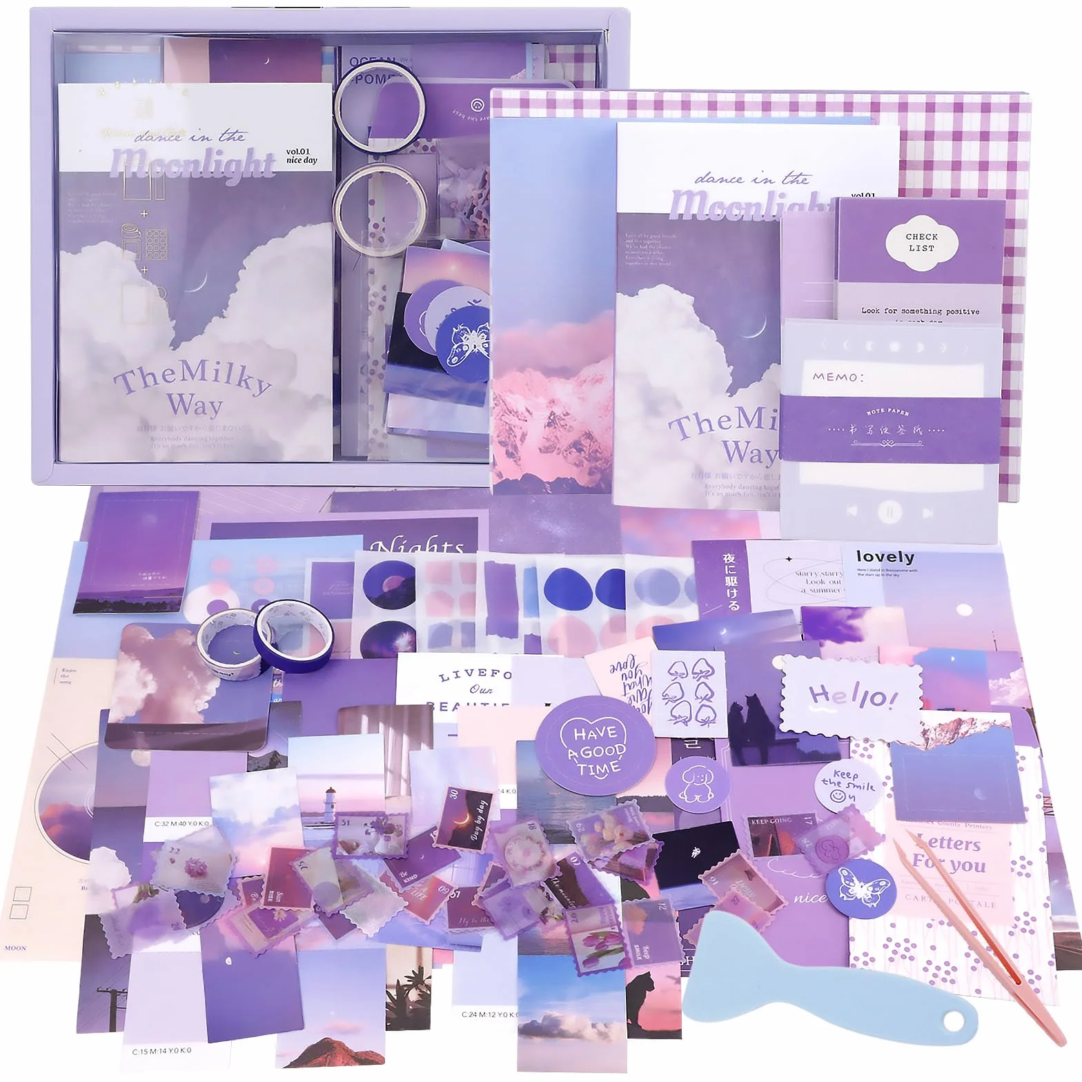 348 Pezzi Scrapbooking Kit Completo, TIE-DailyNec Vintage Adesivi Scrapbooking con Journaling, Cancelleria Aesthetic con Quaderno A6 e DIY Strumenti per Album Fotografici, Oggetti Decorativi (Viola)
