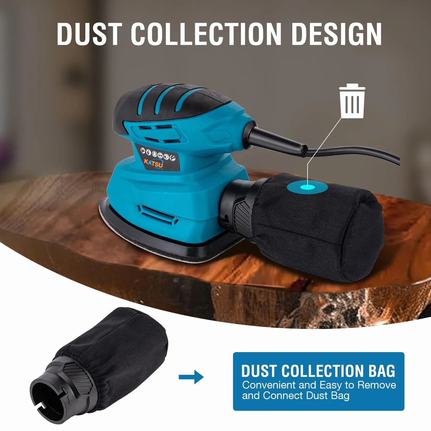 KATSU Tools Levigatrice Elettrica 130W Aspirazione Polvere 10 Fogli Abrasivi