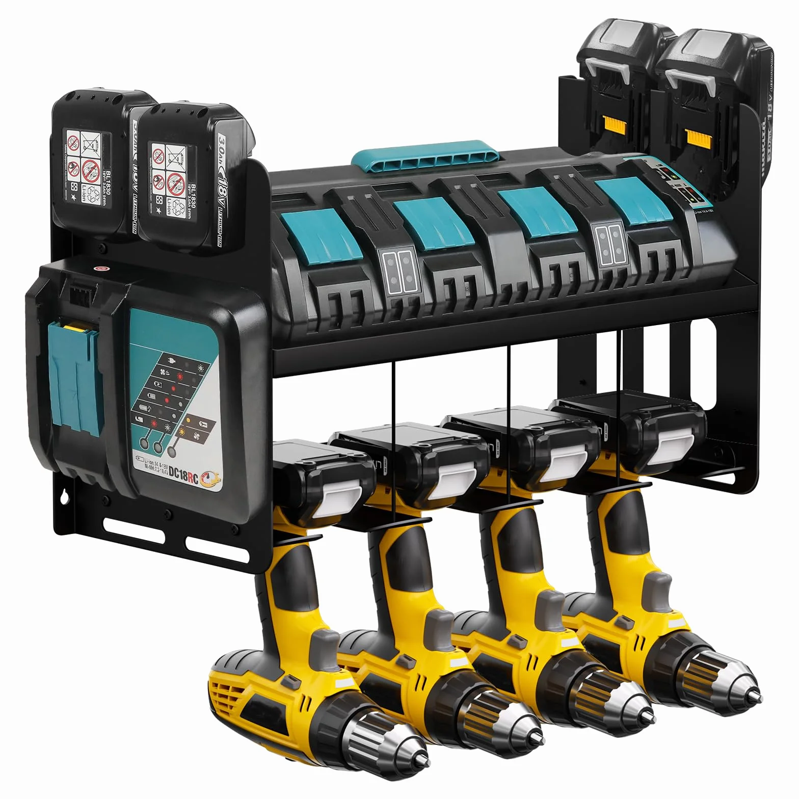 Portautensili da parete per Makita DC18SF/DC18RC, batterie 18V/14,4V, organizzazione scaffale attrezzi (nero)