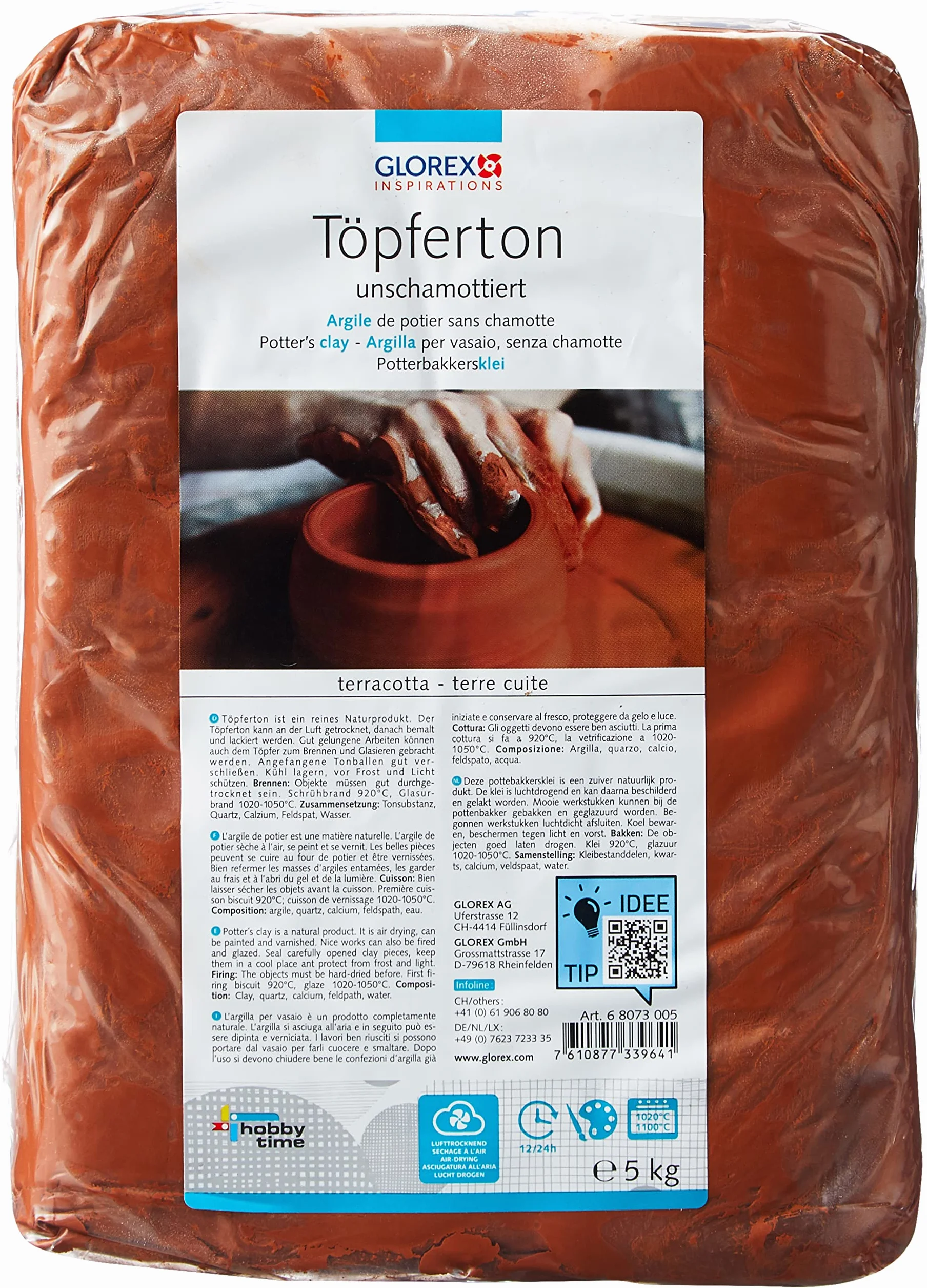 GLOREX 6 8073 005 - Argilla da vasaio, Non refrattaria, 5 kg in Terracotta, Liscia e Facile da Lavorare, Senza Contenuto di Argilla refrattaria, indurente all'Aria e refrattaria, Adatta al tornio