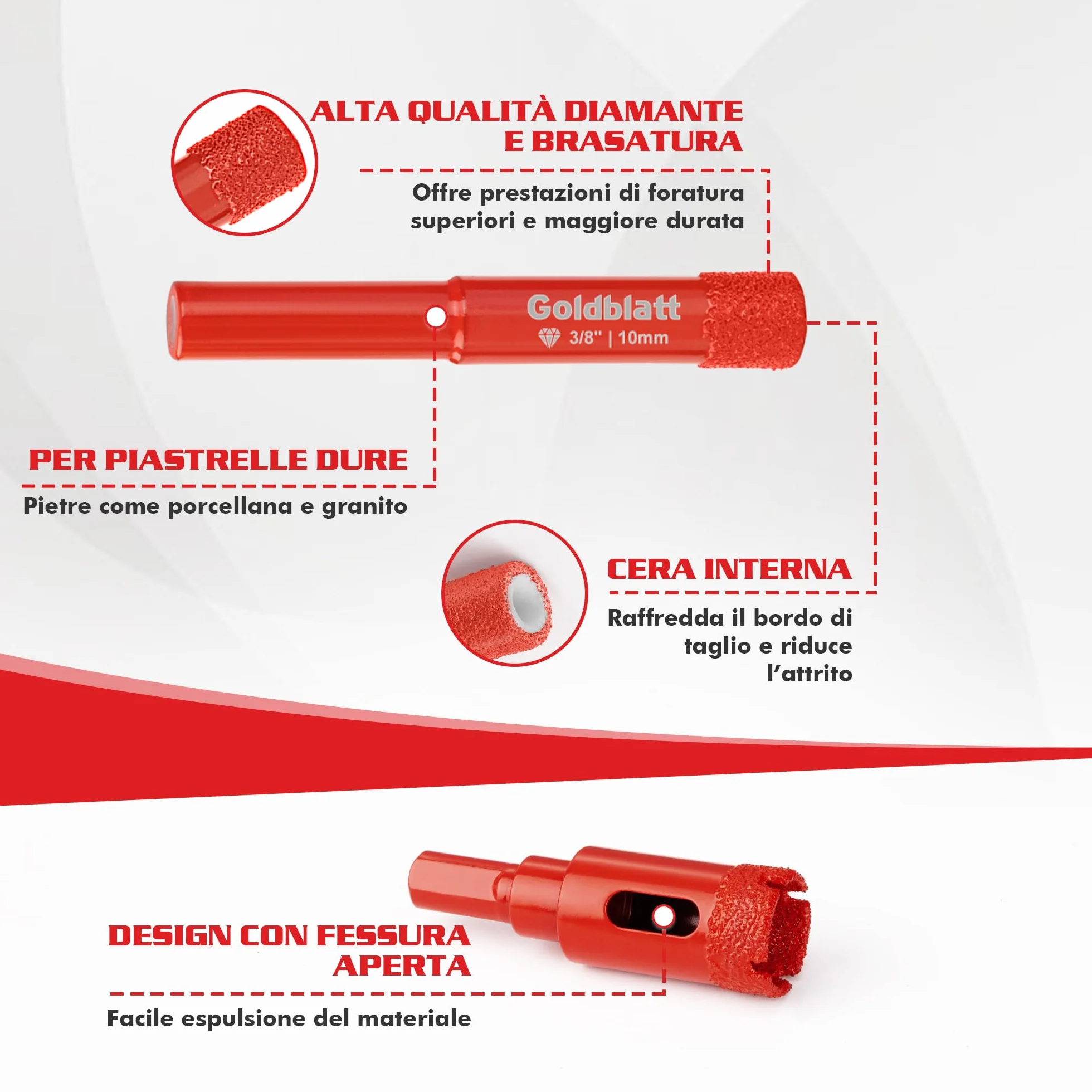 Goldblatt Set Punte Diamantate Per Piastrelle 5 Pezzi Con 6/8/10/20 mm Per Forature Precise Su Ceramica Marmo Granito Gres Porcellanato