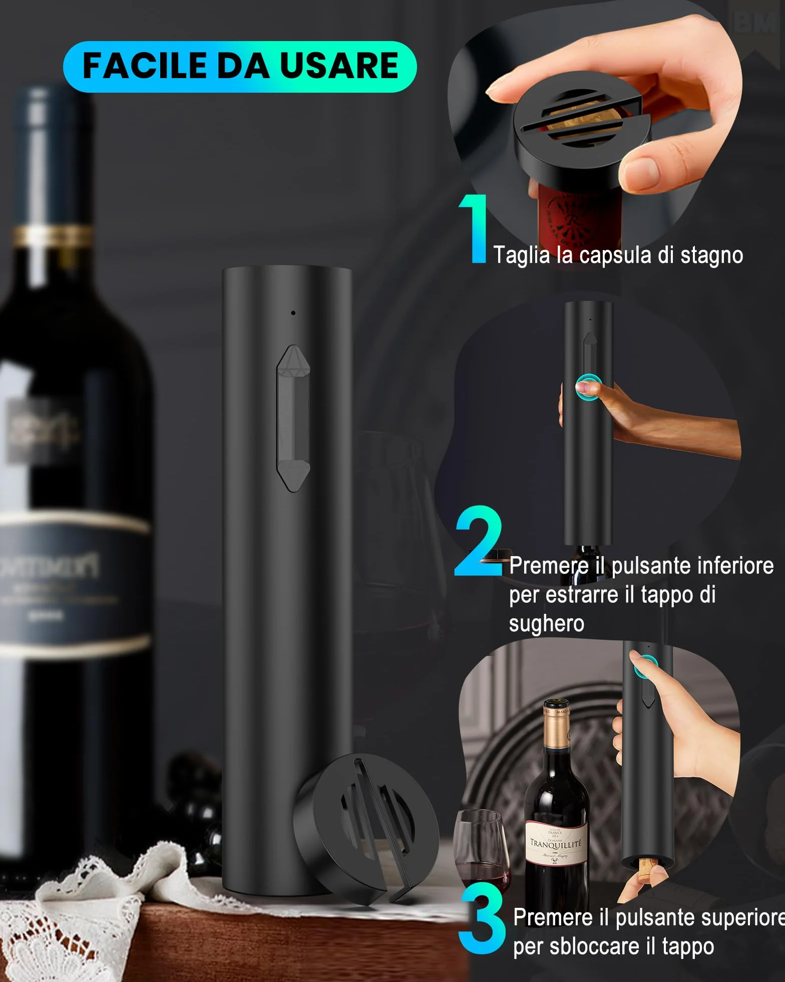 Cavatappi elettrico ricaricabile per vino, apribottiglie elettrico idee regalo uomo donna compleanno con taglierina per fogli e cavo di ricarica USB per festa in cucina a casa matrimonio