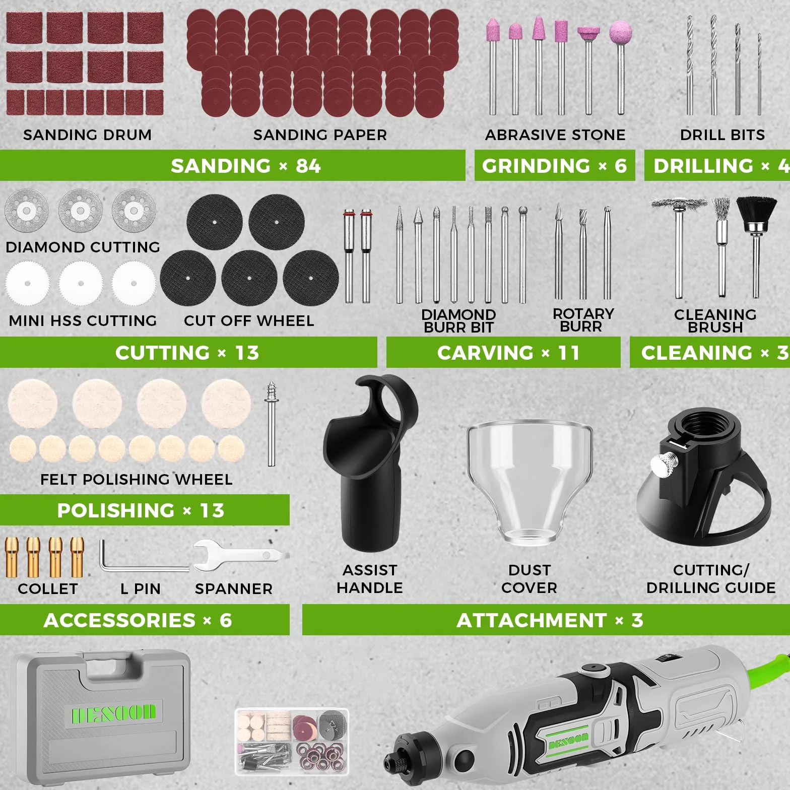 DESOON Utensile Multifunzione 170W, 145 Accessori, 6 Velocità 10000-38000 RPM, Mini Trapano Elettrico Rotante, Mandrino 3.2mm