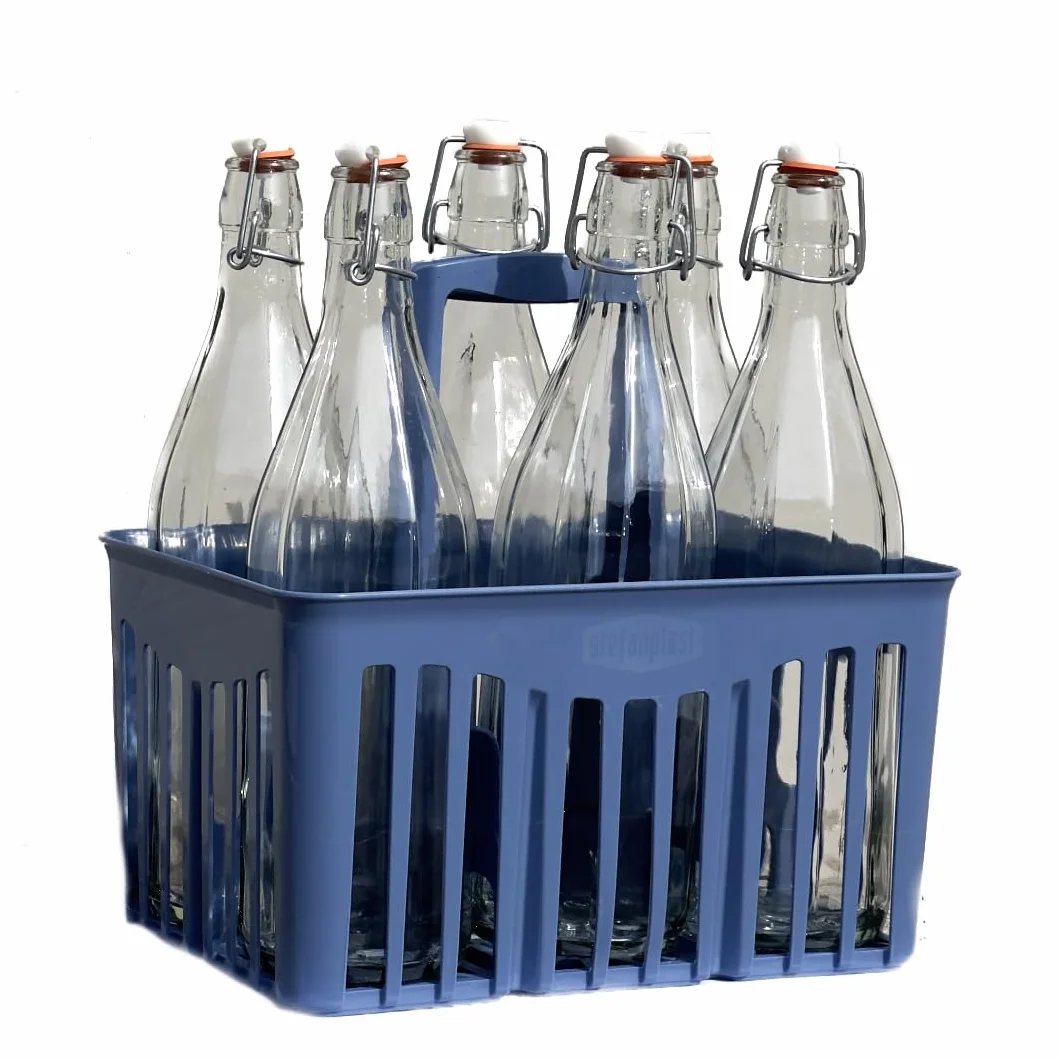 Bottiglie Vetro 1 L con Portabottiglie Plastica Blu Cobalto - Set 6 Pezzi per Acqua Vino Limoncello