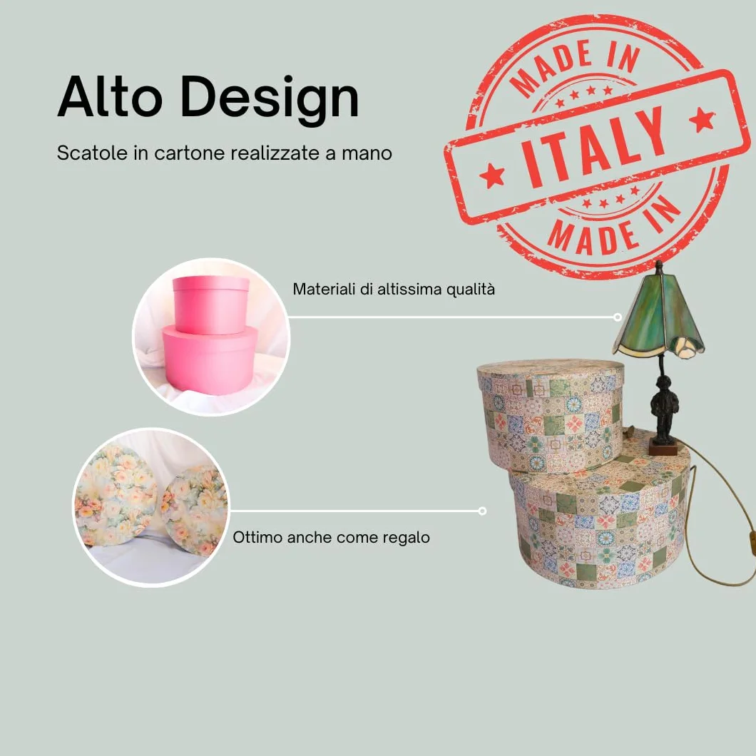 ACIT Cappelliera rotonda, Porta cappelli da armadio, Scatola cappelliera porta cappelli e accessori, Set di 2 scatole cappelliere, Made in Italy di alto design, Fatte a mano (MOTIVO 3)