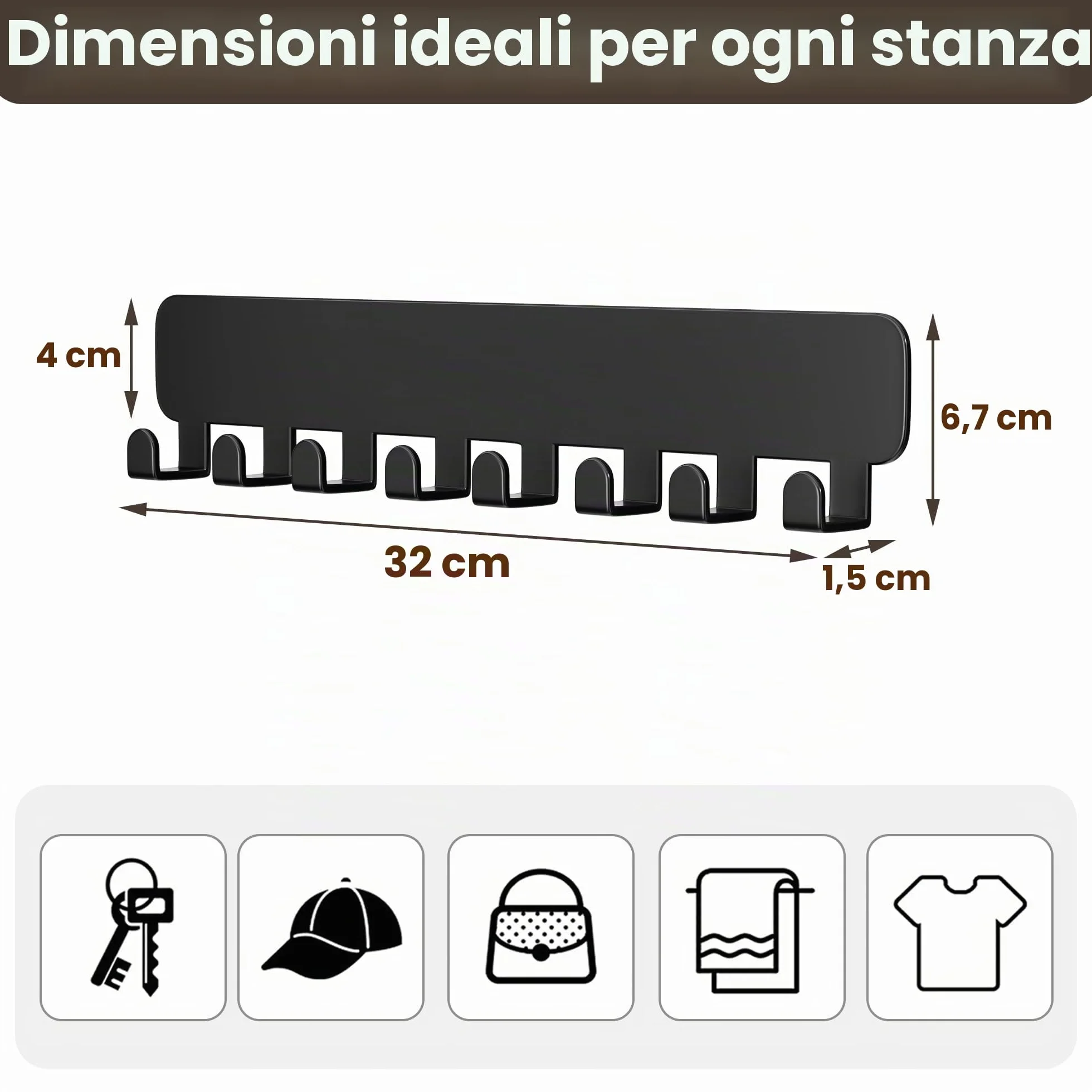 Pickpiff Ganci Portachiavi da Parete Adesivo Senza Forare Nero 1 Pezzo