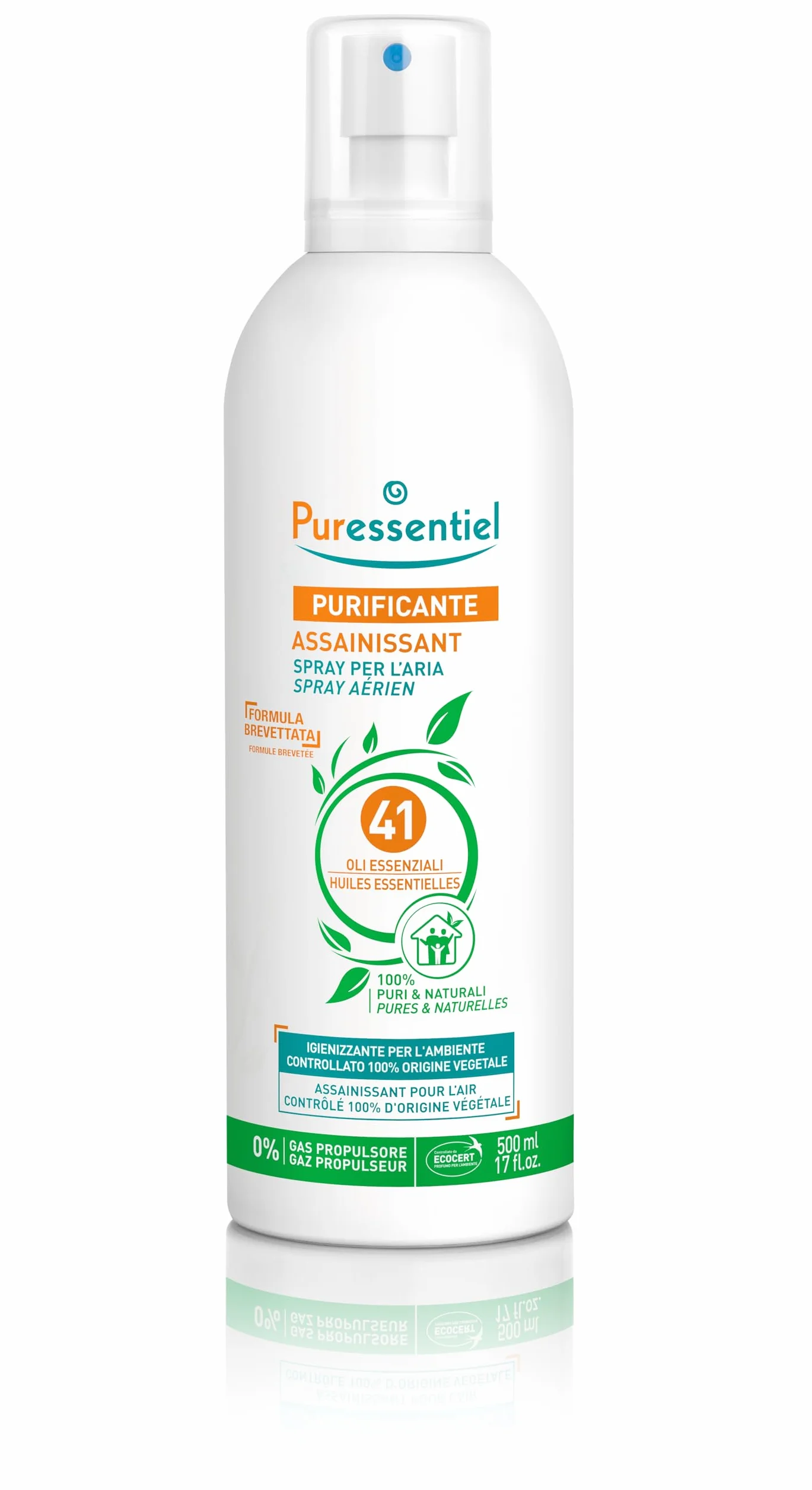 Puressentiel - Spray Purificante per l'Aria ai 41 Oli Essenziali 500 ml - 100% Puri e Naturali, Purifica, Tratta e Igienizza i Tessuti, Con Formula Brevettata, 0% Gas Propulsore