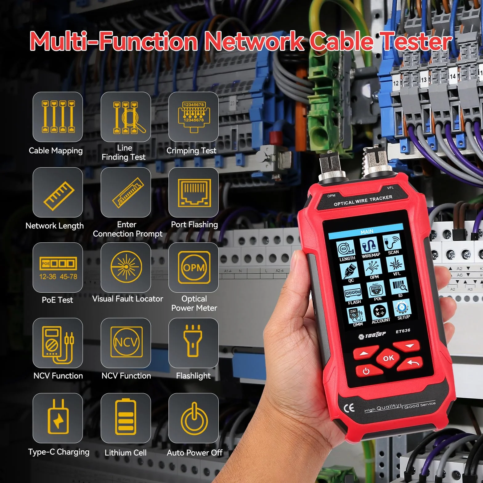 Tester per cavi di rete RJ45/RJ11/BNC – Misurazione lunghezza, rilevamento guasti, PING, PoE, tracciamento tono, display LCD multifunzione