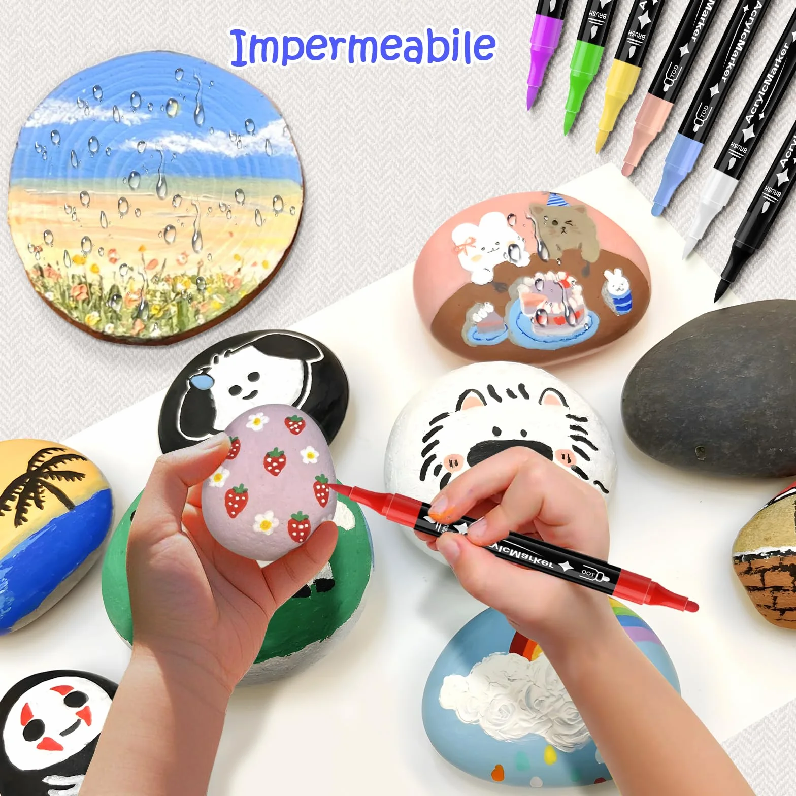 24 Colori Pennarelli Acrilici Doppia Punta,Set di Pennarelli a Punta fine e Media,Acrylic Marker Ad Acqua per Dipingere Sassi, Colorazione, Legno, Vetro, Tessuti, Pittura