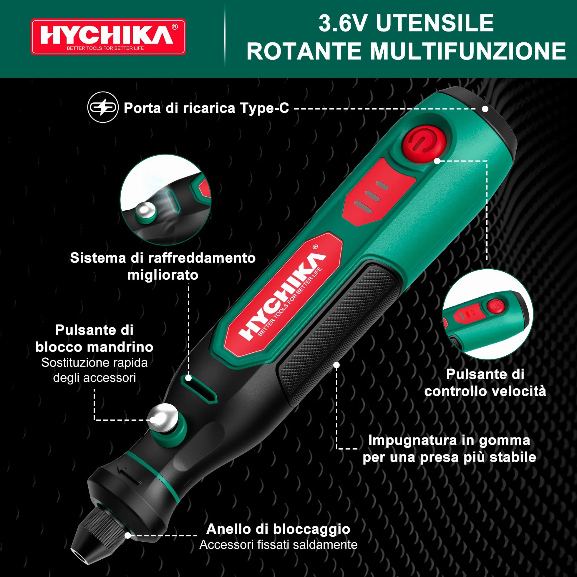 HYCHIKA Mini Trapano 3.6V Utensile Rotante Multifunzione 77 Accessori Foratura Levigatura Lucidatura Incisione Velocità Regolabile Ricarica USB-C DIY