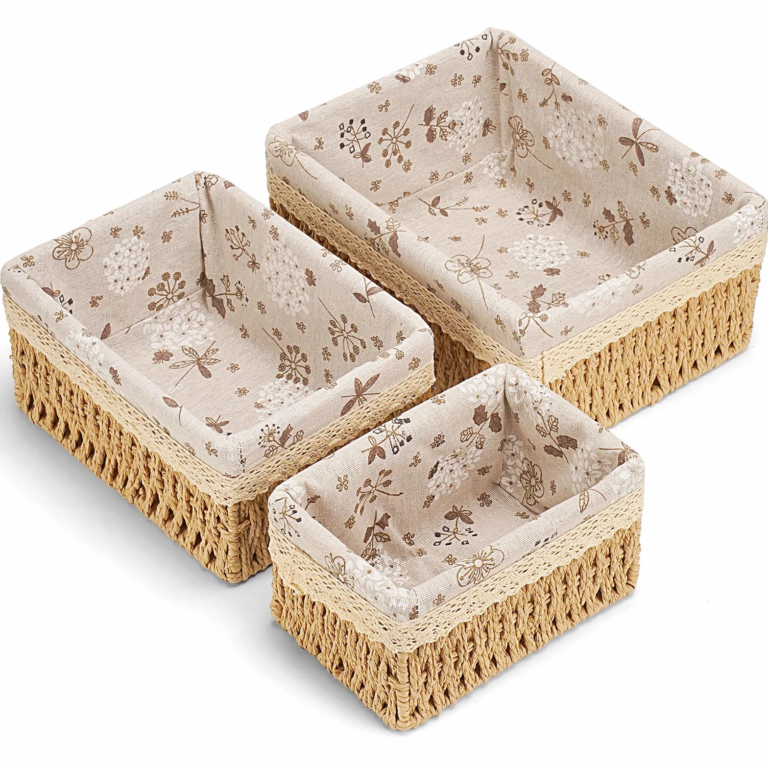 Set di 3 Cestini in Vimini Floreali Intrecciati a Mano, Beige, Cestini Portaoggetti per Organizzare e Decorare