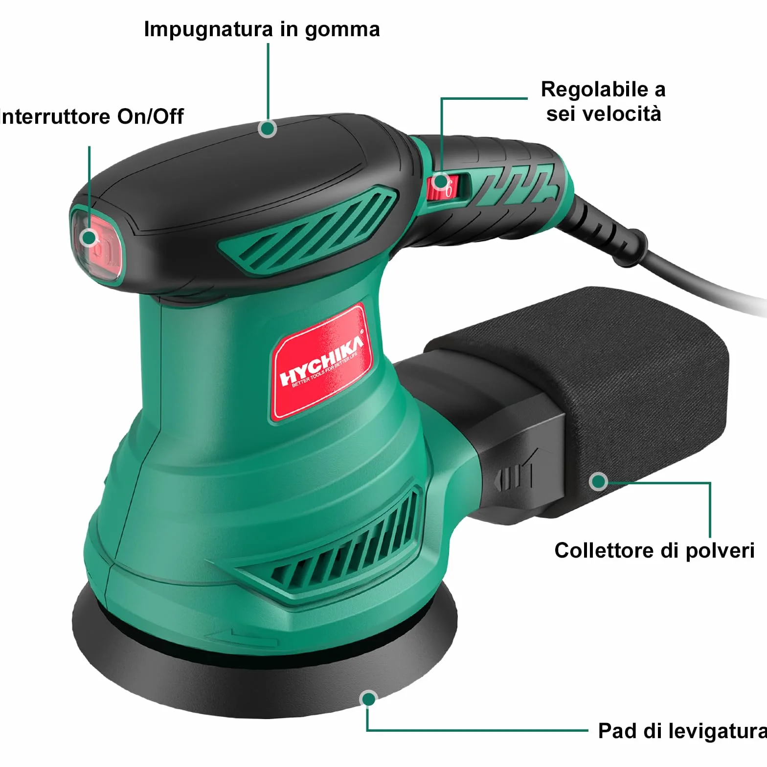 HYCHIKA Levigatrice Orbitale 300W 6 Velocità 13000 RPM 125mm Dischi Abrasivi