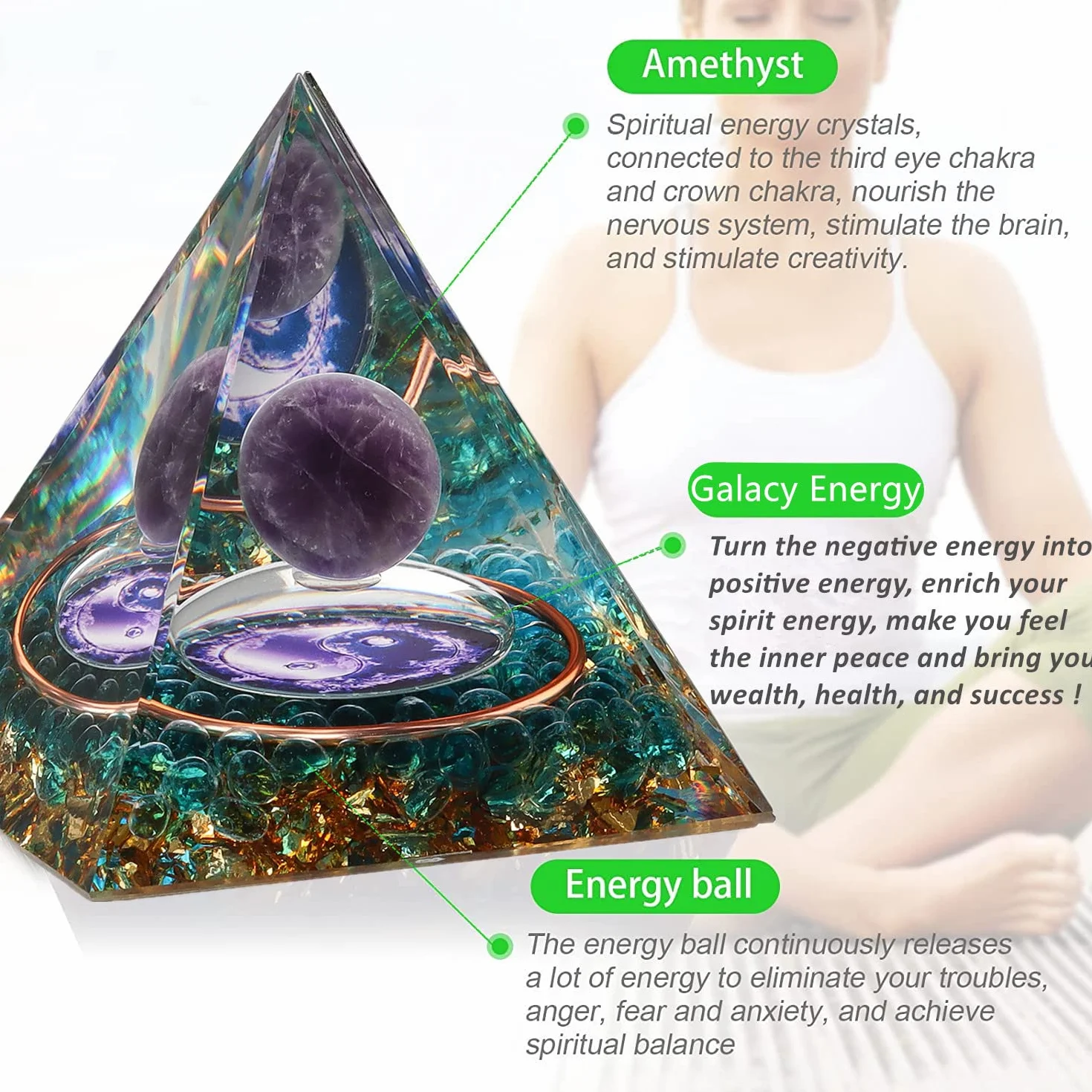 Orgonite Piramide Cristalloterapia Pietre Cristalli con Sfera Ametista Albero della Vita Chakra -6cm