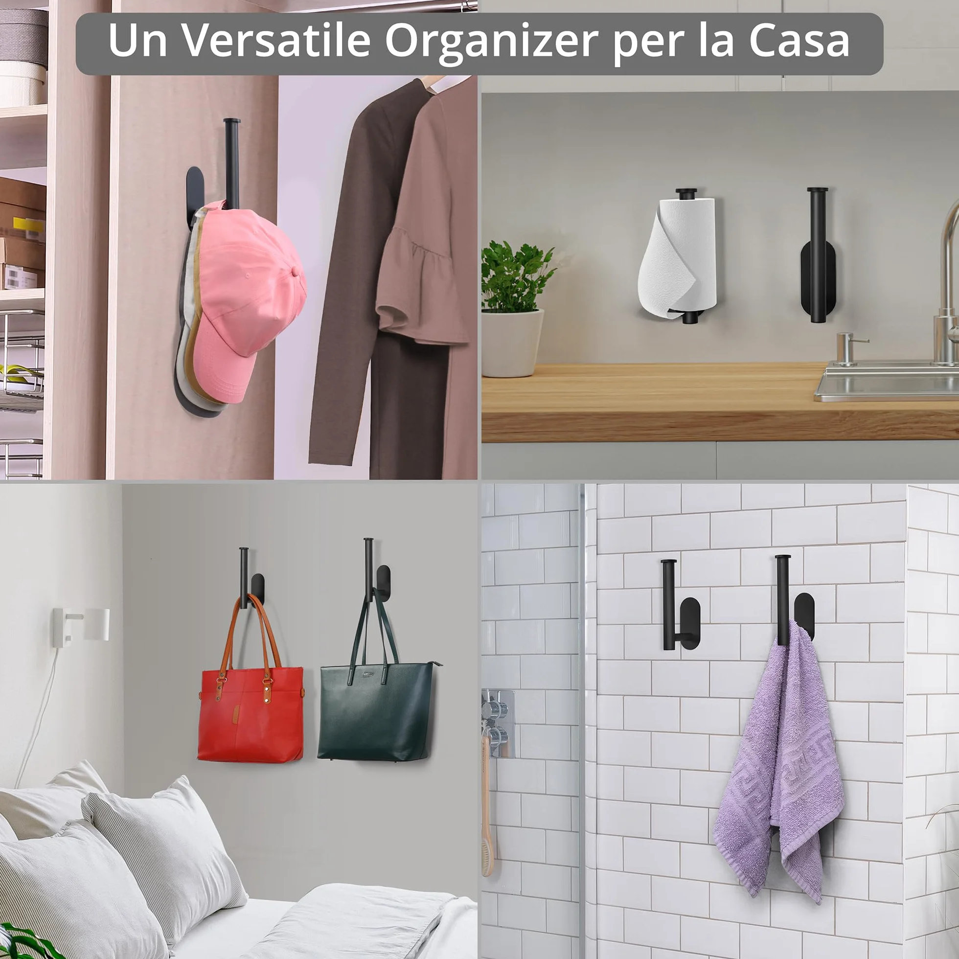 Winter Shore Porta Cappelli da Parete [Confezione da 2] Appendi Cappelli in Acciaio Inox Adesivi - Espositore Cappelli a Sfera per Camera da Letto, Cabina Armadio o Spogliatoio - Finitura Nero Opaco