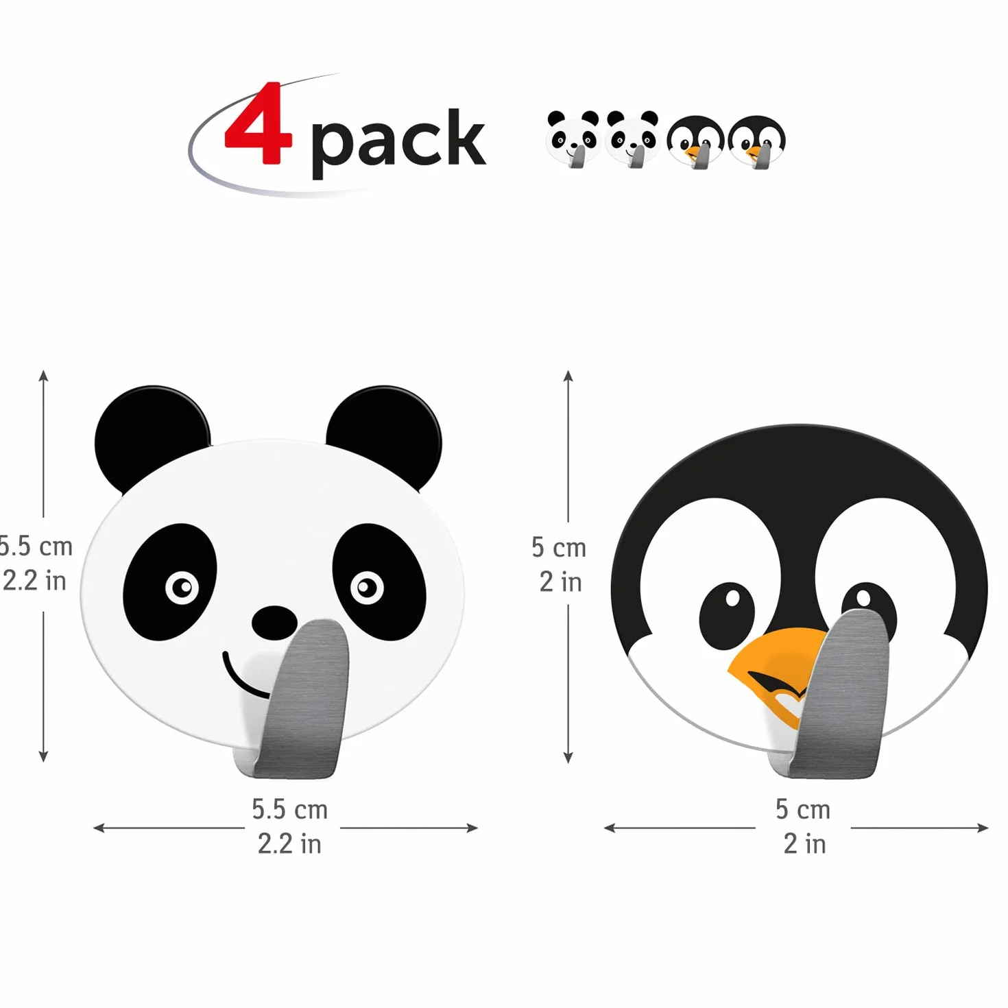 Tatkraft Friends Confezione da 4 Ganci Autoadesivi per Bambini, Ideale per Asciugamani e Accappatoi, Realizzato in Acciaio Inossidabile, Set di 2 Panda 2 Pinguini, Facile da Installare