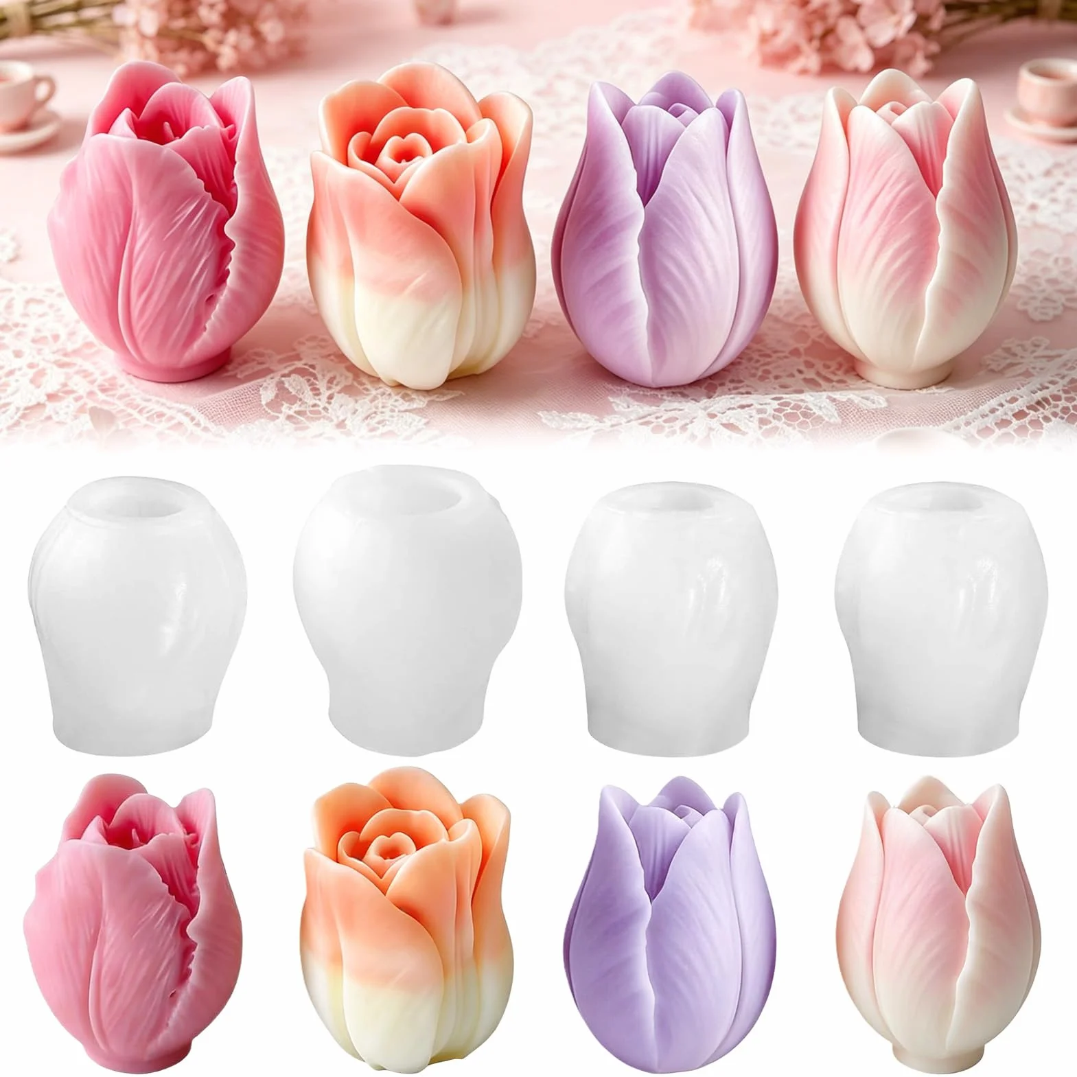 4 Pezzi 3D in Stampi Cera Tulipano, Stampo Tulipano per Candele, Stampi in Silicone a Forma di tulipano, per Realizzare Candele e Sapone, Regalo di Festa, Decorazioni per la Casa