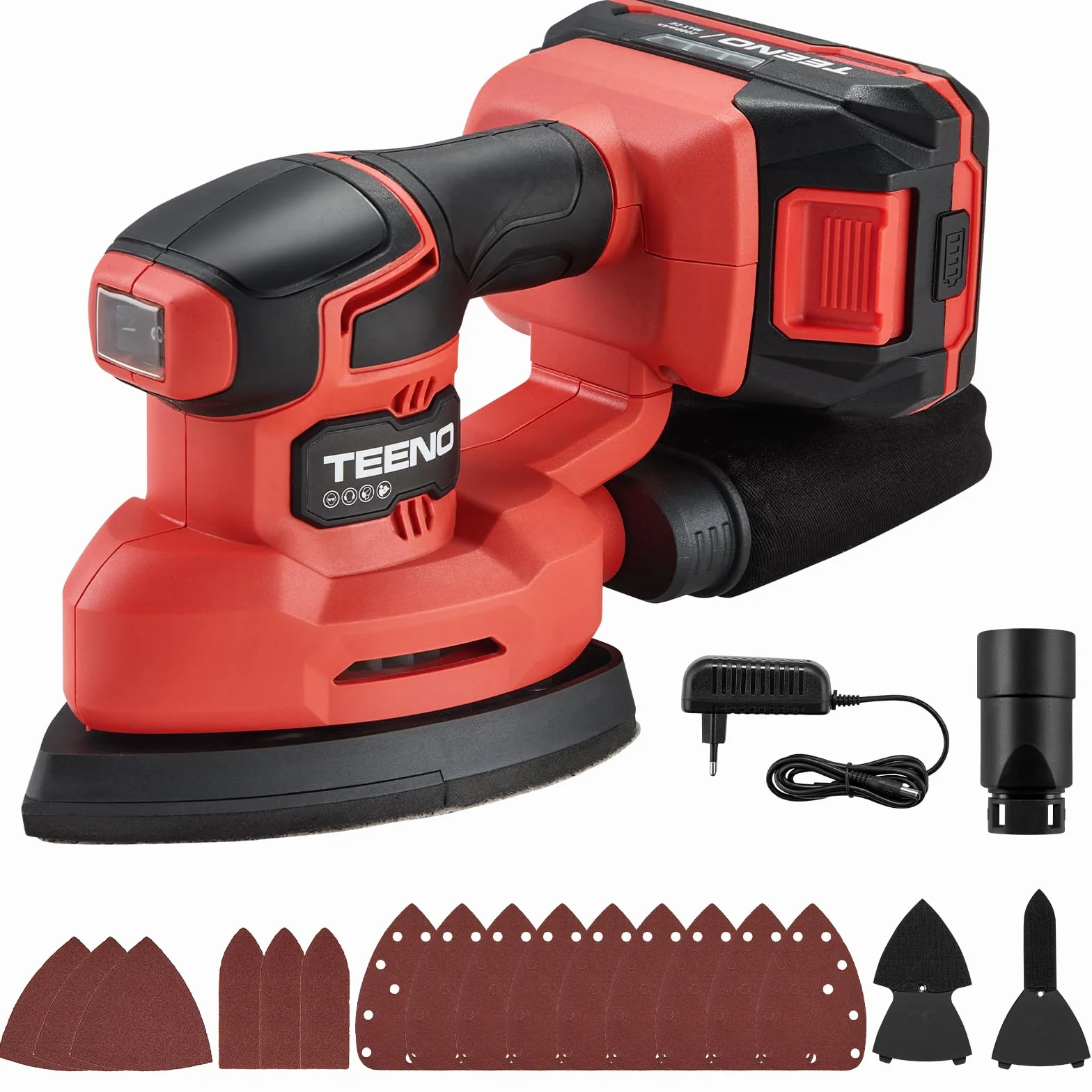 TEENO Levigatrice Orbitale 20V con Sacchetto per la Polvere, 3 in 1 con Batteria 2Ah Li-ion, Palmare con 15 Carte Vetrate, 13000tr/min