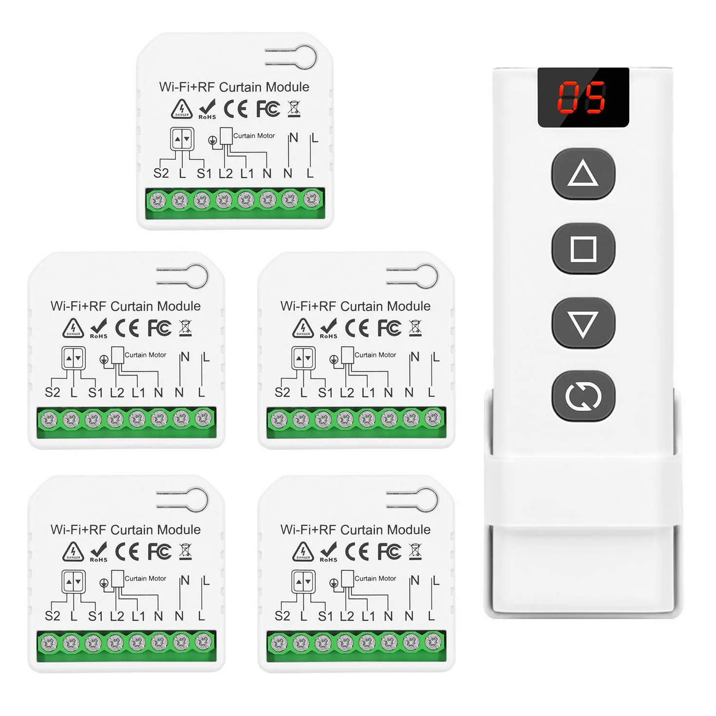 DieseRC Interruttore Tapparelle WIFI Intelligenti da 5 pezzi con 1 telecomando RF, controller WIFI compatibile con controllo Google Home/Alexa e interruttore manuale, APP Tuya/Smart Life