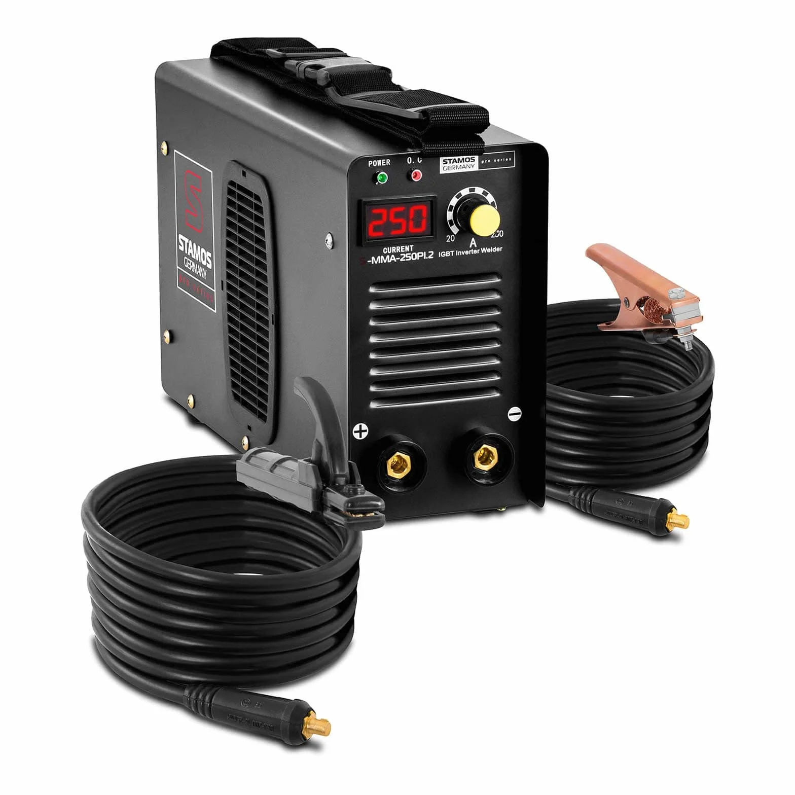 Stamos Germany S-MMA-250PI.2 Saldatrice Inverter Elettrodo Professionale (250 A, Cavo 8 m, Hot Start, Display Led, IGBT, Accessori Inclusi) Pro Series