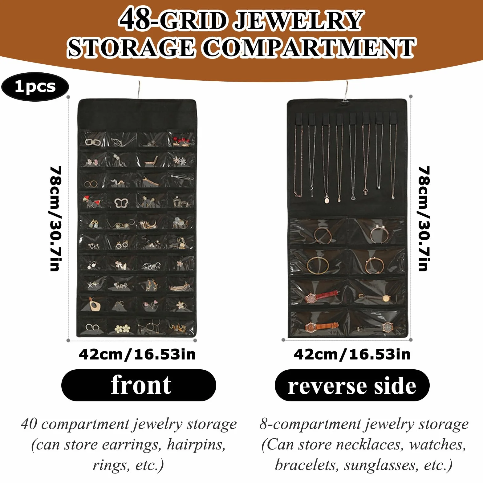 Organizer Gioielli Da Appendere 48 Tasche, Doppio Lato Porta Collane In Pvc Trasparente, Porta Gioielli Da Armadio Per Orecchini, Collane, Anelli, Bracciali