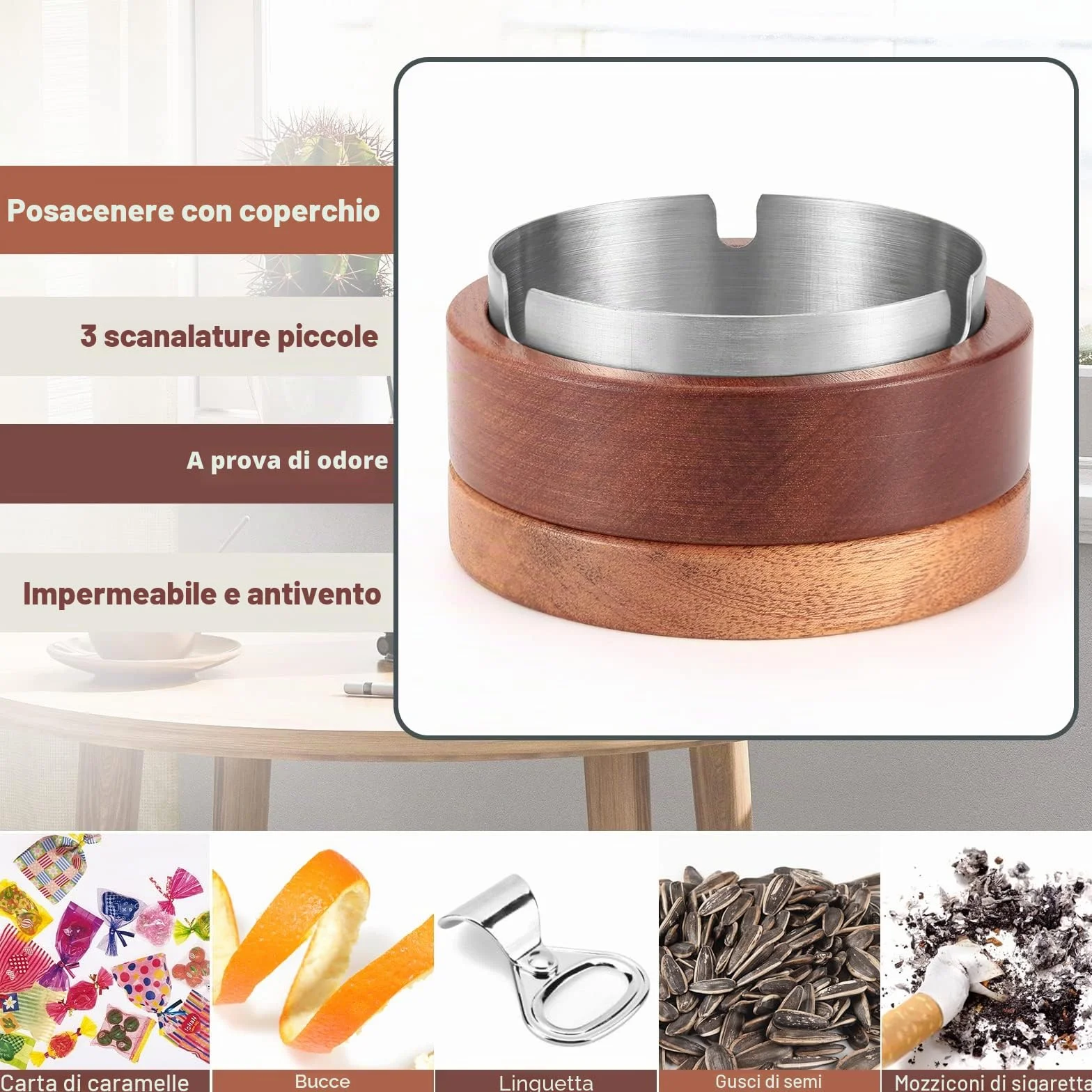 Posacenere da Esterno Portatile in Legno con Coperchio, Antivento, Interno in Acciaio Inossidabile