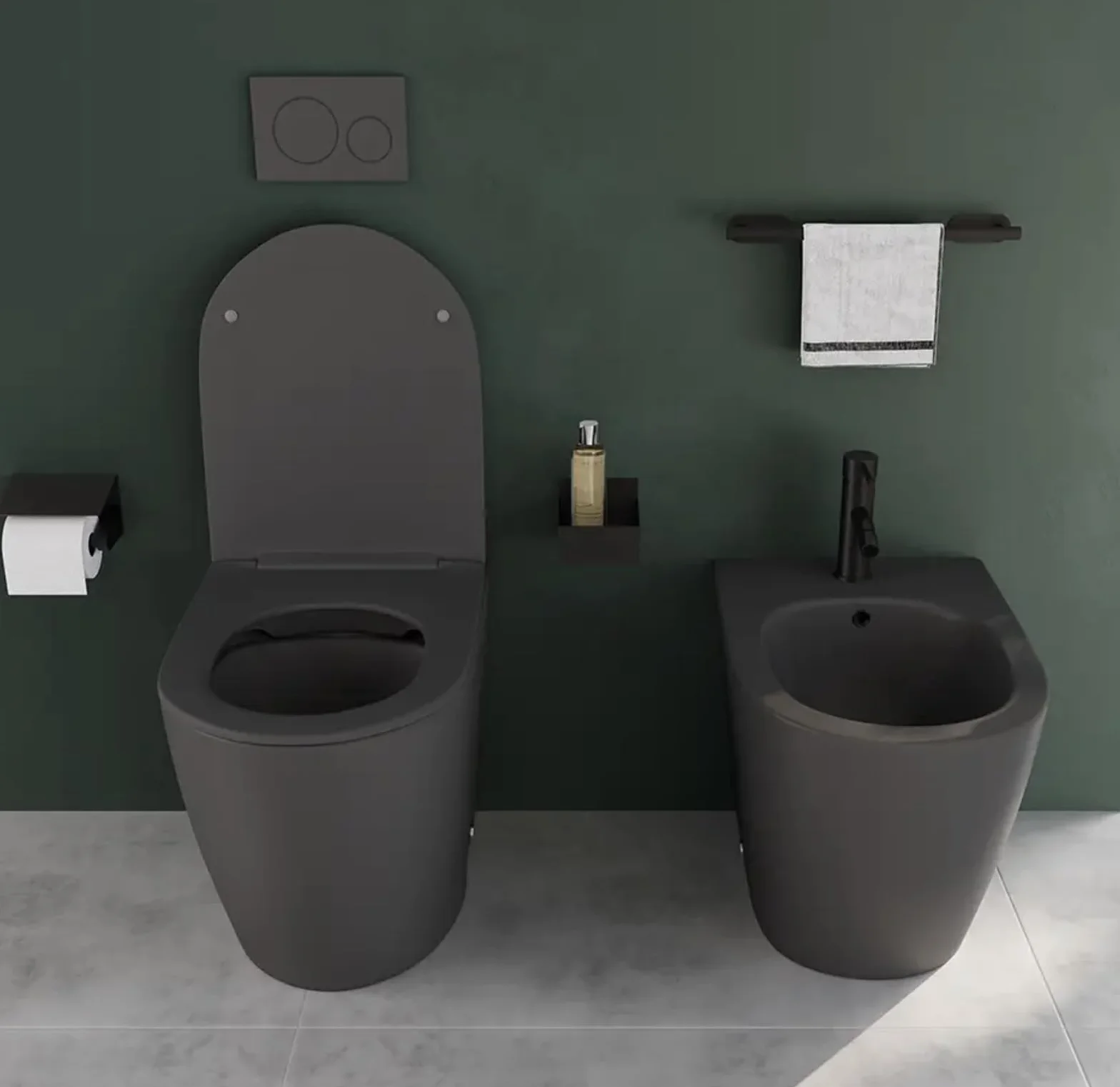 Coppia di sanitari filomuro ceramica grigio opaco vaso rimless copriwc soft-close e bidet ASIA SMALL