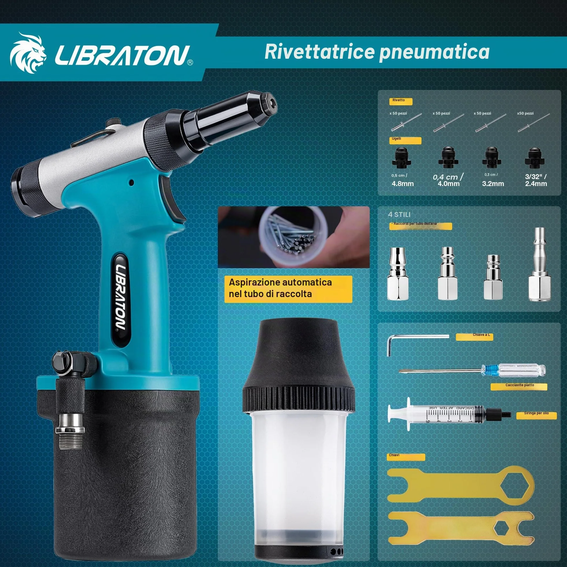 LIBRATON Kit rivettatrice pneumatica Gu 2,4-4,8 mm con rivetto 200c, strumento di riparazione automatica