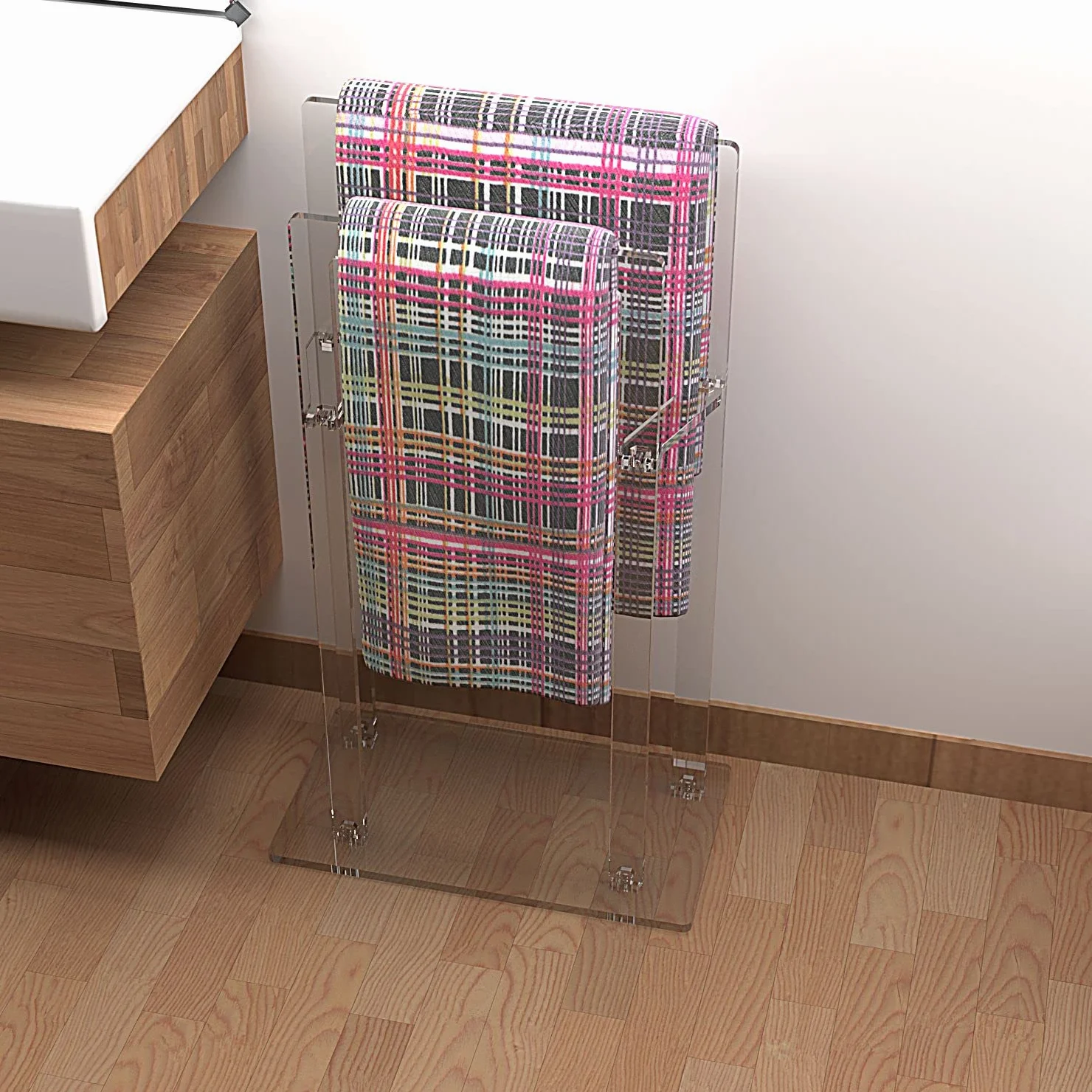 AGPLEX Piantana porta asciugamani bagno da terra in vetro acrilico trasparente 50x28x87cm, Portasciugamani bagno moderno e resistente con supporti antiruggine - Made in Italy