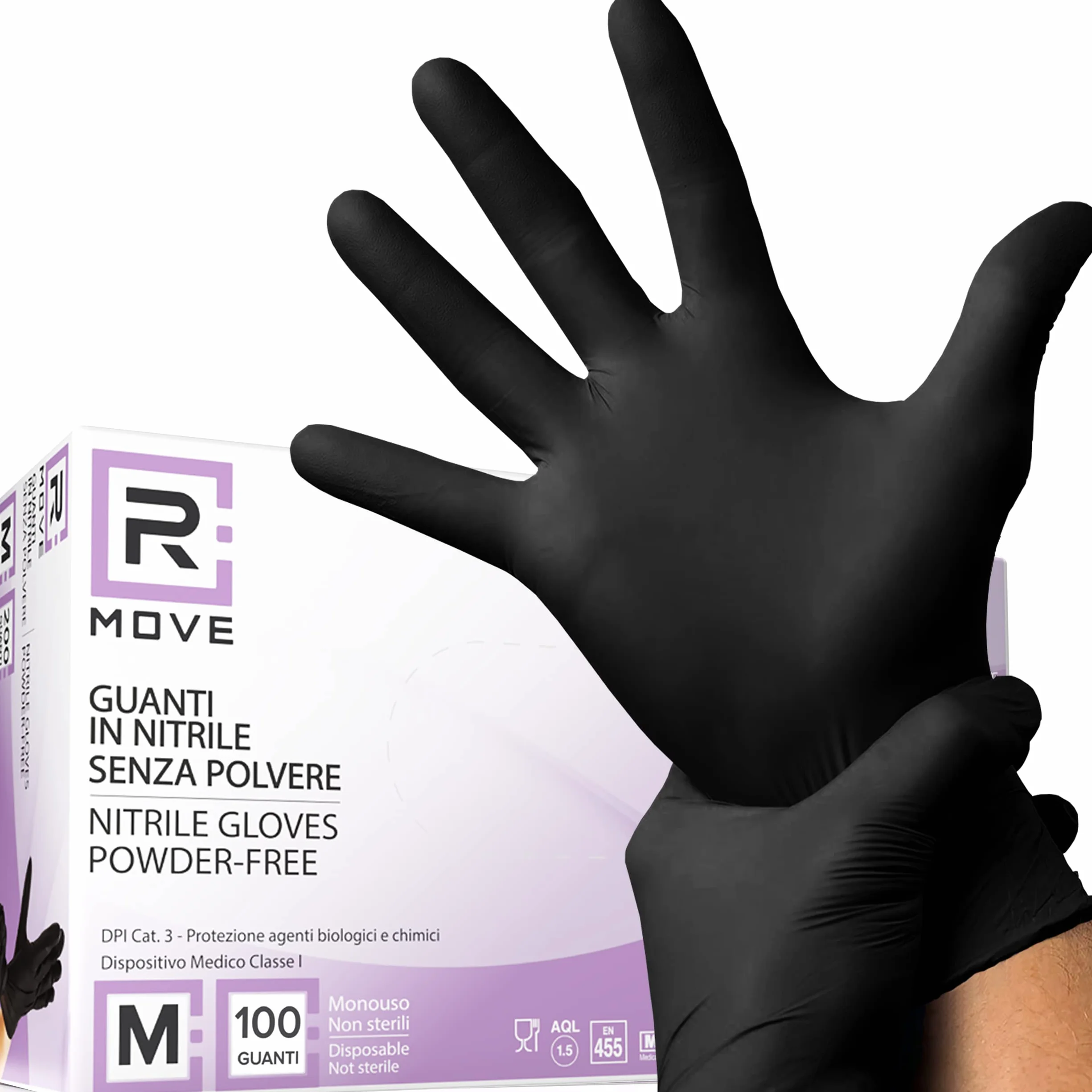 R MOVE 100 guanti in nitrile monouso neri M senza polvere, gloves ambidestri usa e getta per alimenti, non sterili, senza lattice, ipoallergenici - per ambiti medici, Estetisti, Tatuatori (M, Neri)