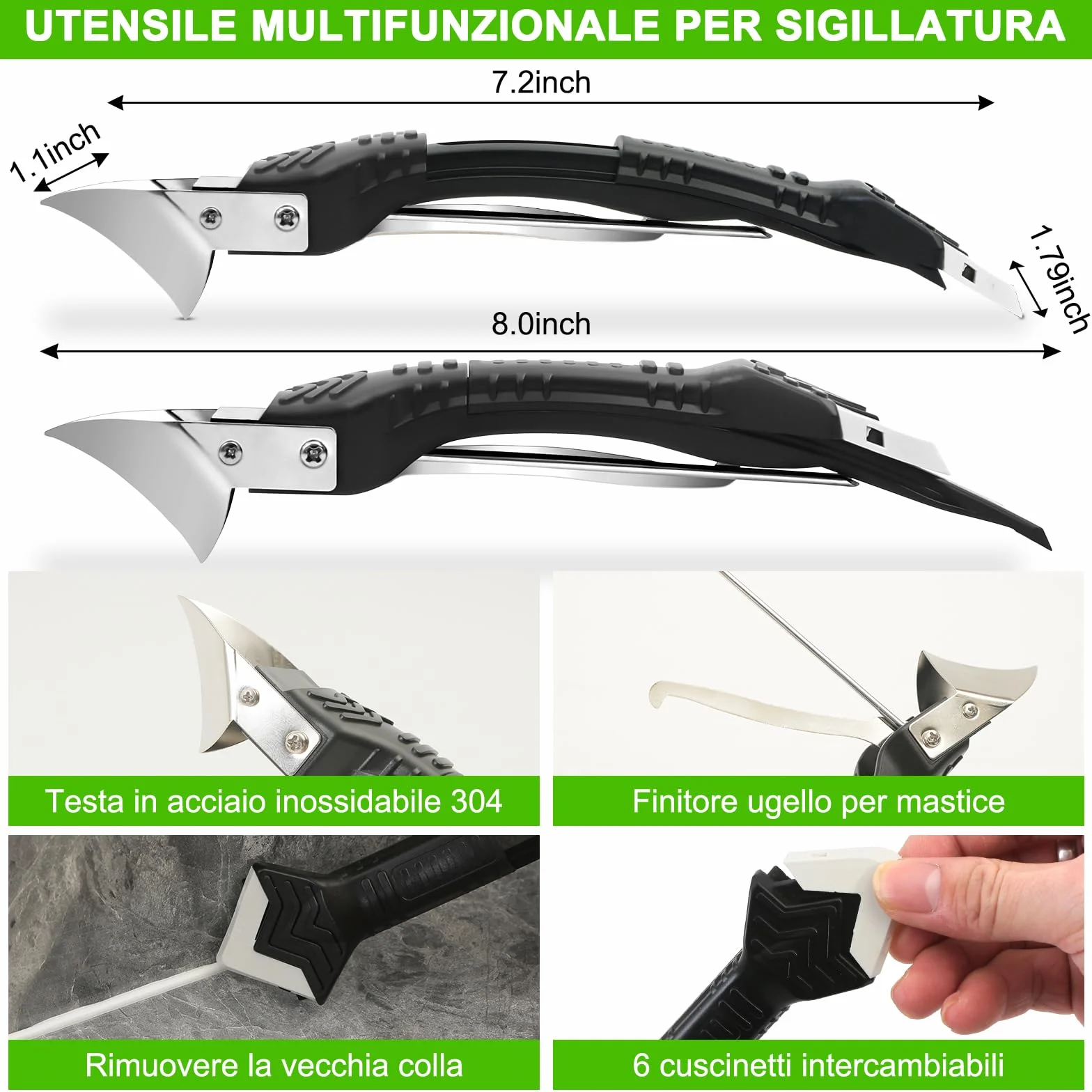 Professionale Strumento per Calafataggio 5 in 1, Rimuovi Silicone Spatola per Silicone togli e Spatola Raschietto per Stucco Strumento Con 6 Cuscinetti Sostituibili Sigillante (Bianco)