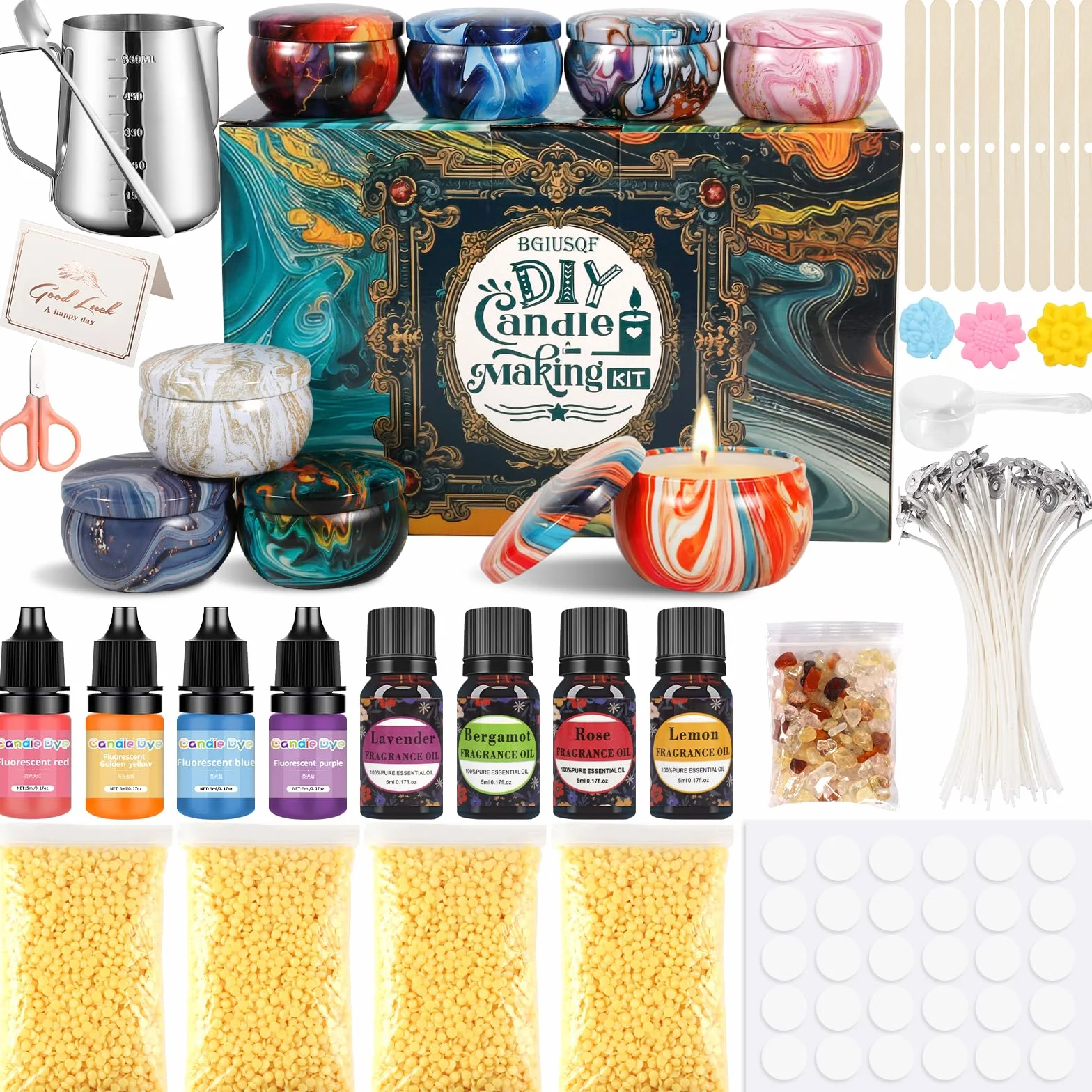 BGIUSQF Kit Candele Fai Da Te, Set per Realizzare Candele Include 8 Barattoli, 4 Confezioni di Cera D'api, Crogiolo, 30 Stoppini