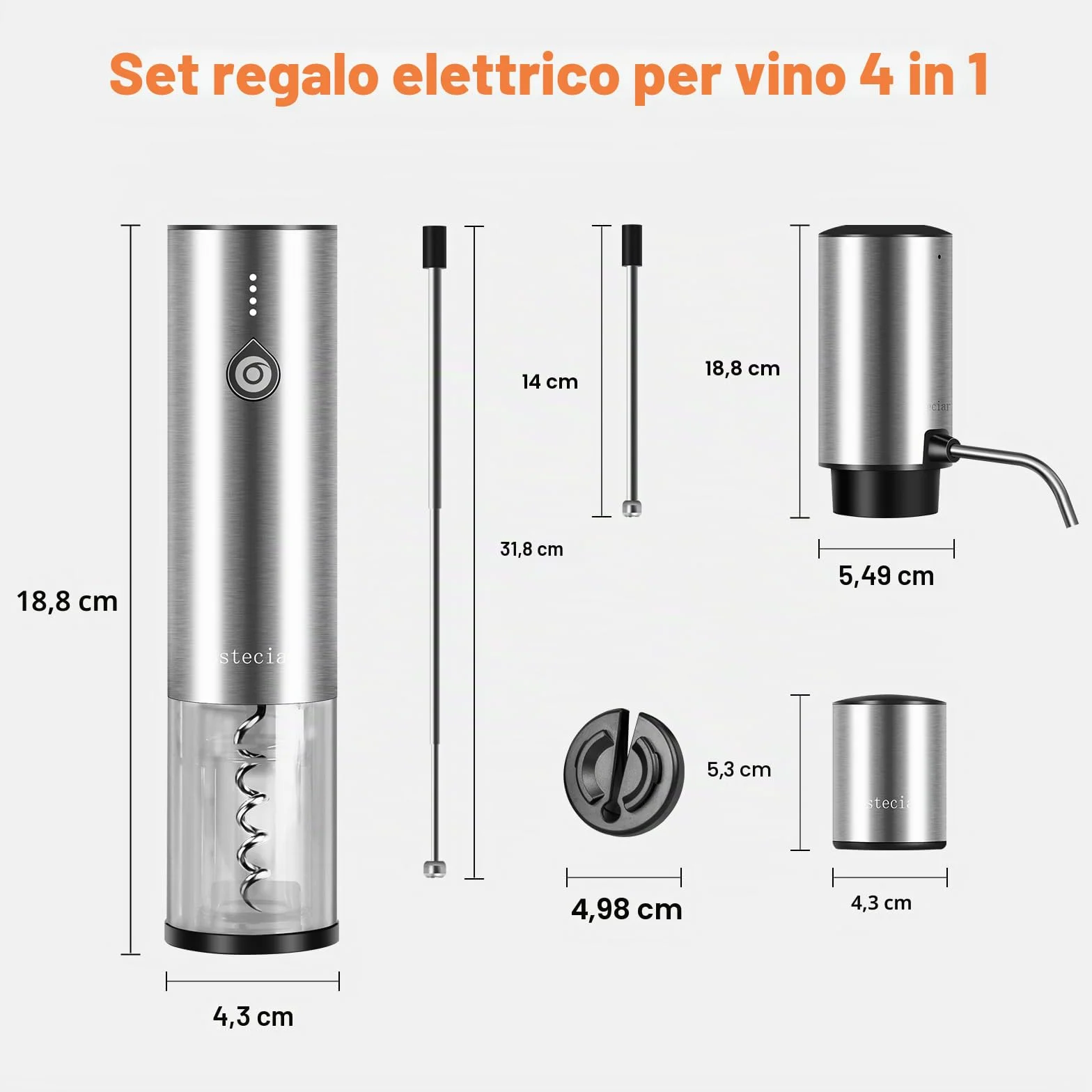 Cavatappi Professionale Elettrico per Vino, Apribottiglie Elettrici 4 in 1 Set con Apribottiglie Ricaricabile, Versatore Automatico per Vino, Taglierina per Lamine, Tappi Sottovuoto