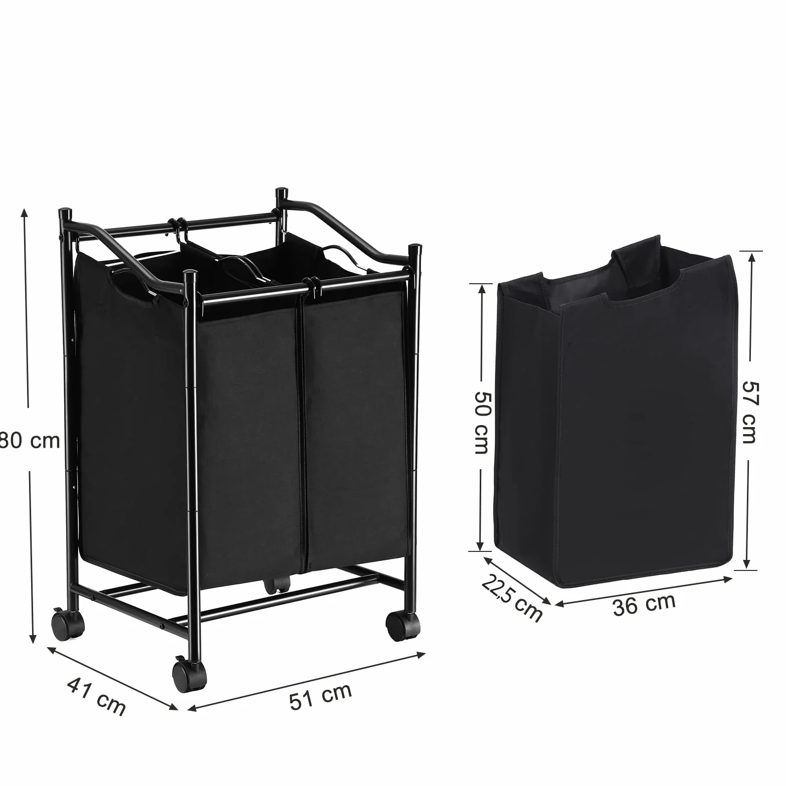 SONGMICS Carrello Porta Biancheria con 2 Sacchi Rimovibili, Ceste per Bucato con Rotelle Universali, capacità Totale di 90 Litri, Nero LSF002BK
