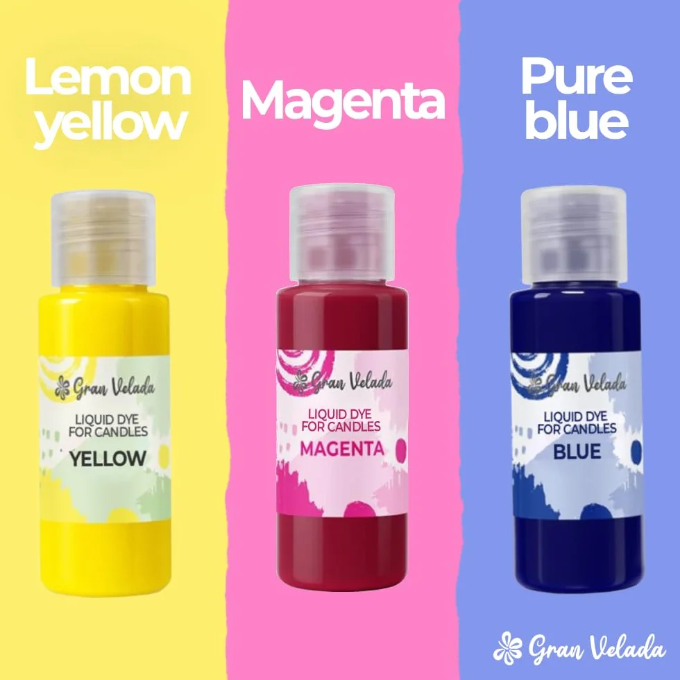 Gran Velada - Confezione risparmio di coloranti liquidi per candele 3 x 30 ml | colori primari magenta, blu puro e giallo limone | concentrati, facili da usare e con colori vivaci per candele fatte in